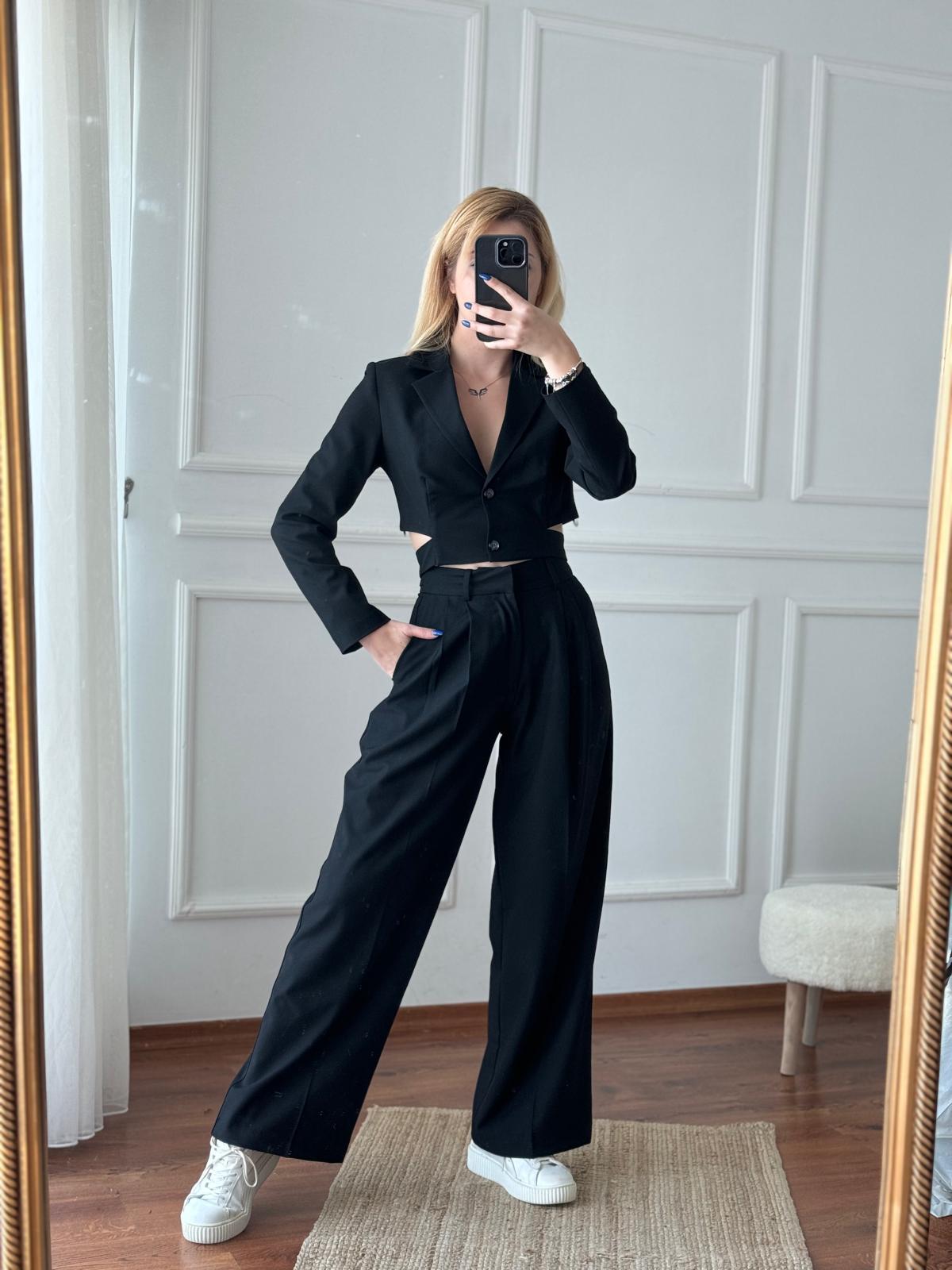 Crop Ceket Pantolon Takım 16404 Siyah