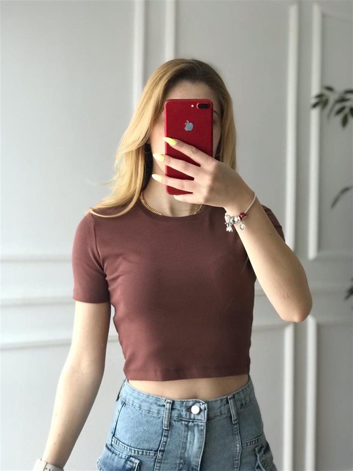 Crop Tshirt 30124 Kahverengi