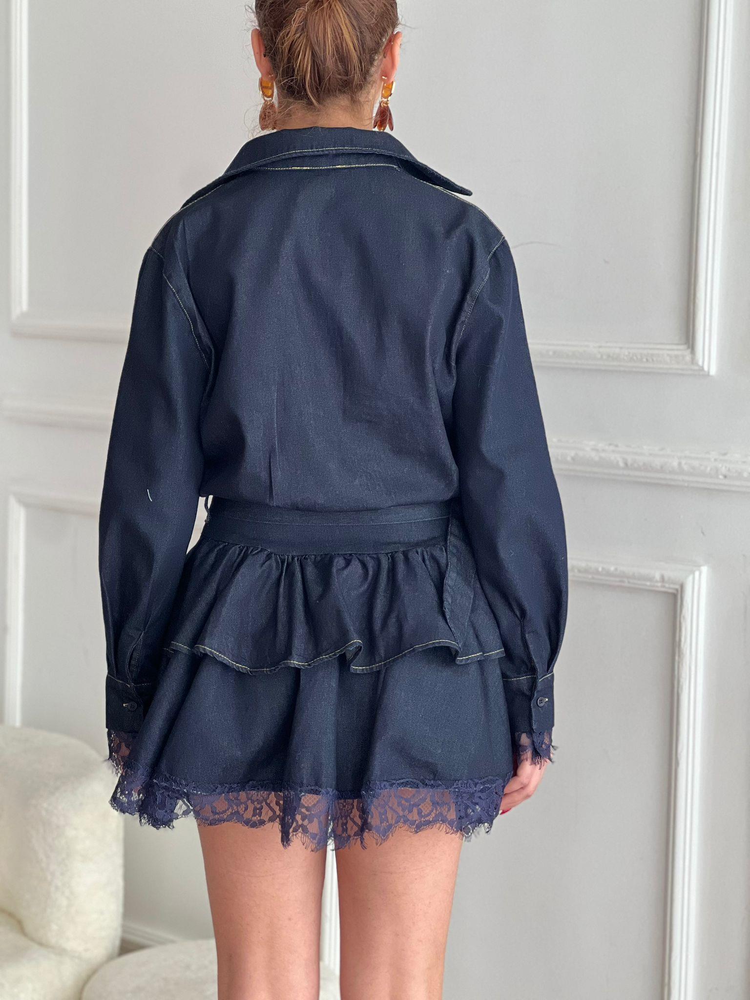 Dantel Detaylı Denim Elbise 35524-35544 Lacivert