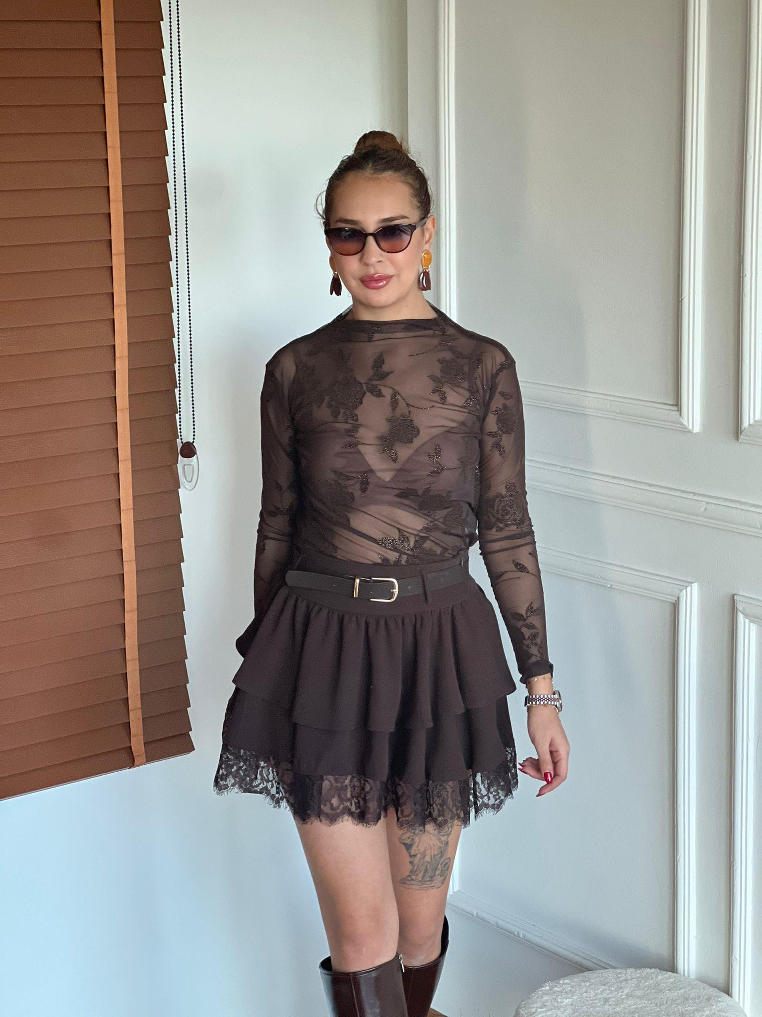 Dantel Detaylı Kemerli Etek 37199 Kahverengi