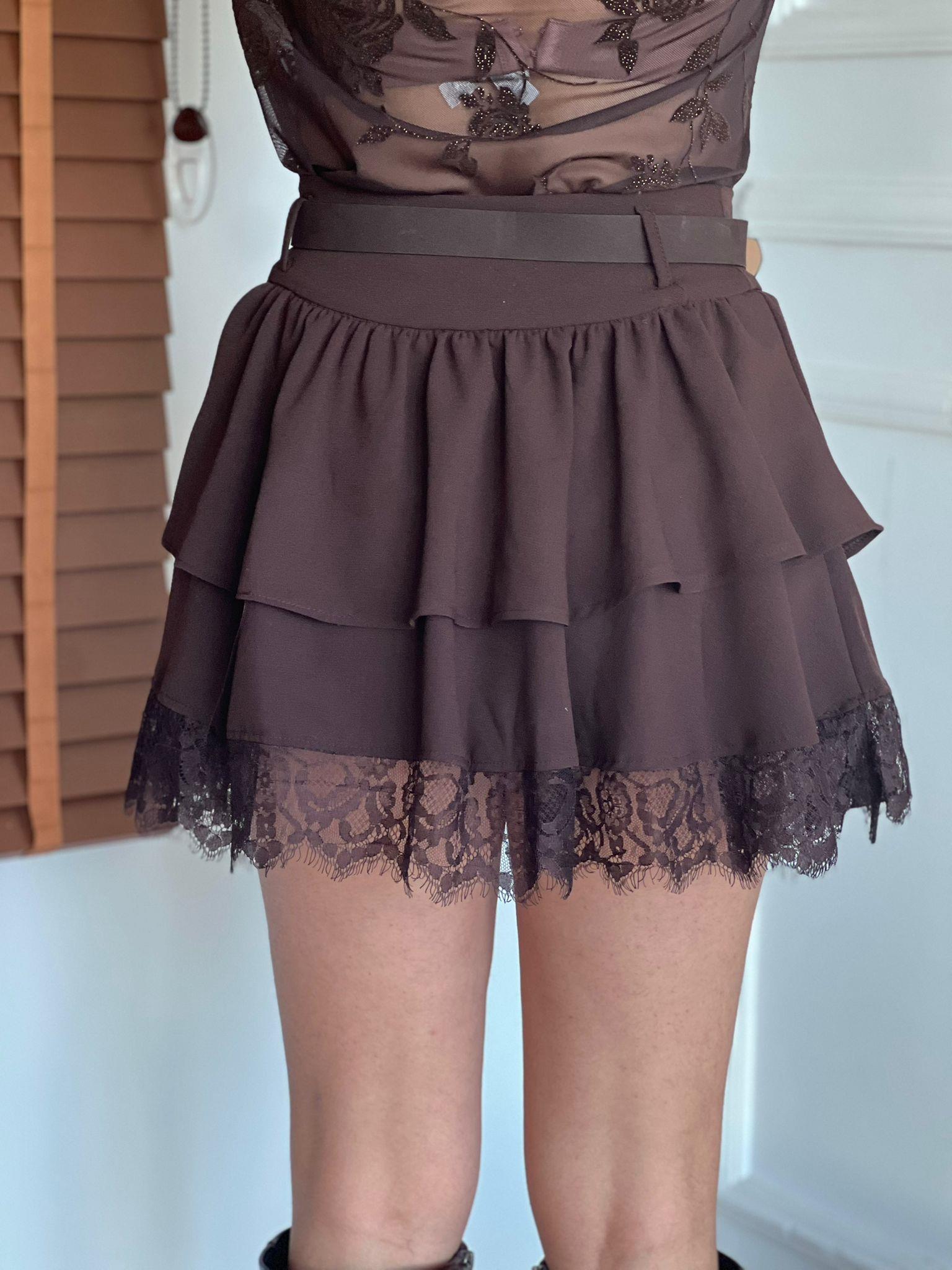 Dantel Detaylı Kemerli Etek 37199 Kahverengi