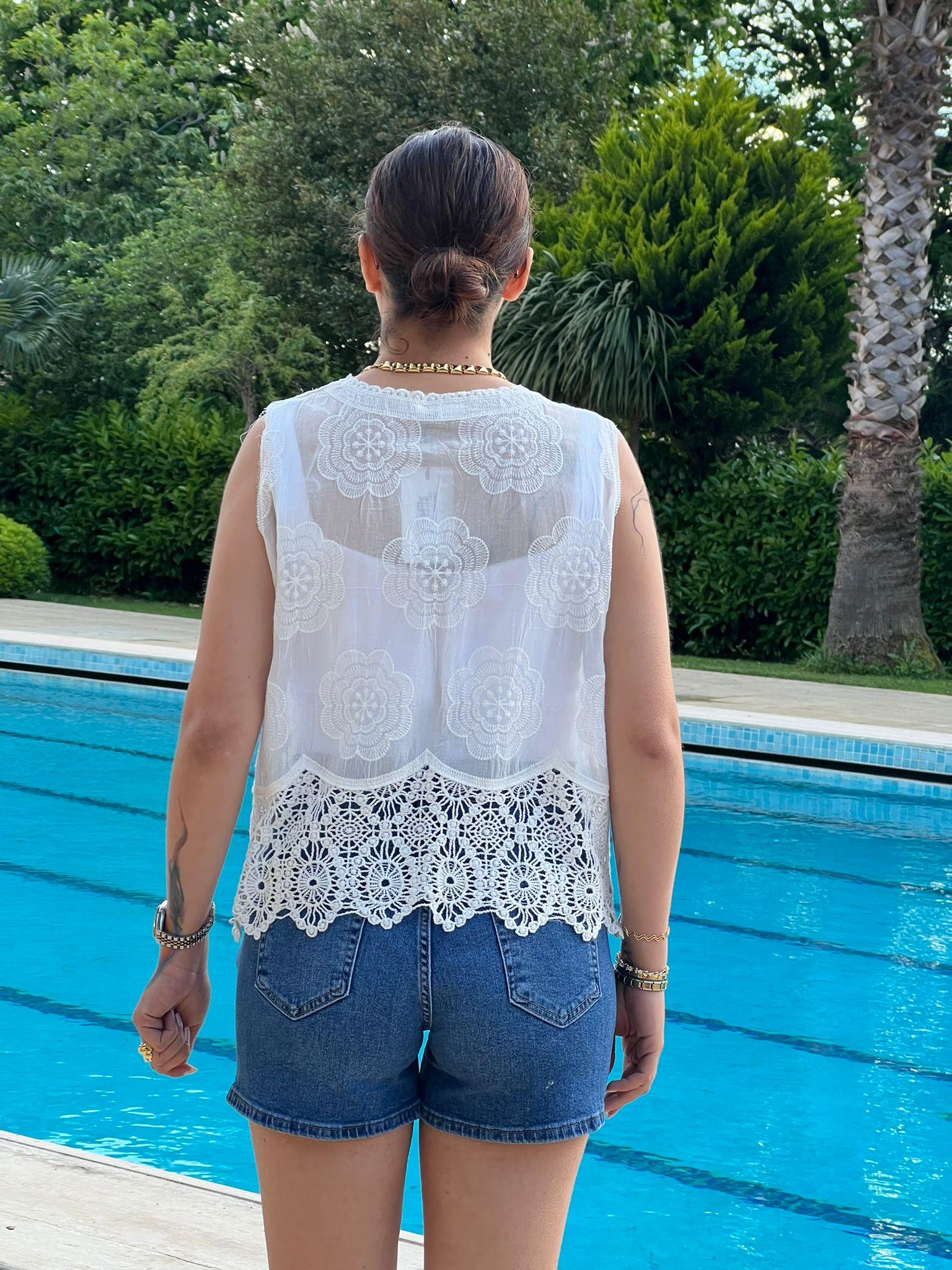 Dantel Nakışlı Yelek 38402 Ekru