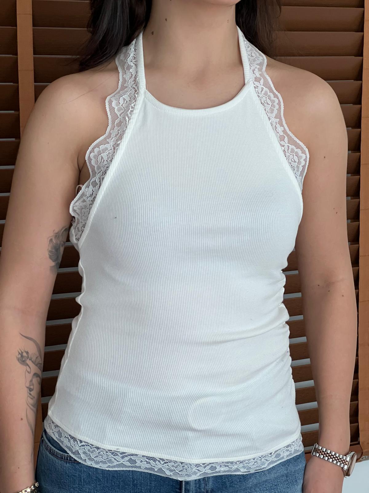 Dantel Yaka Halter Top 26-2314 Ekru