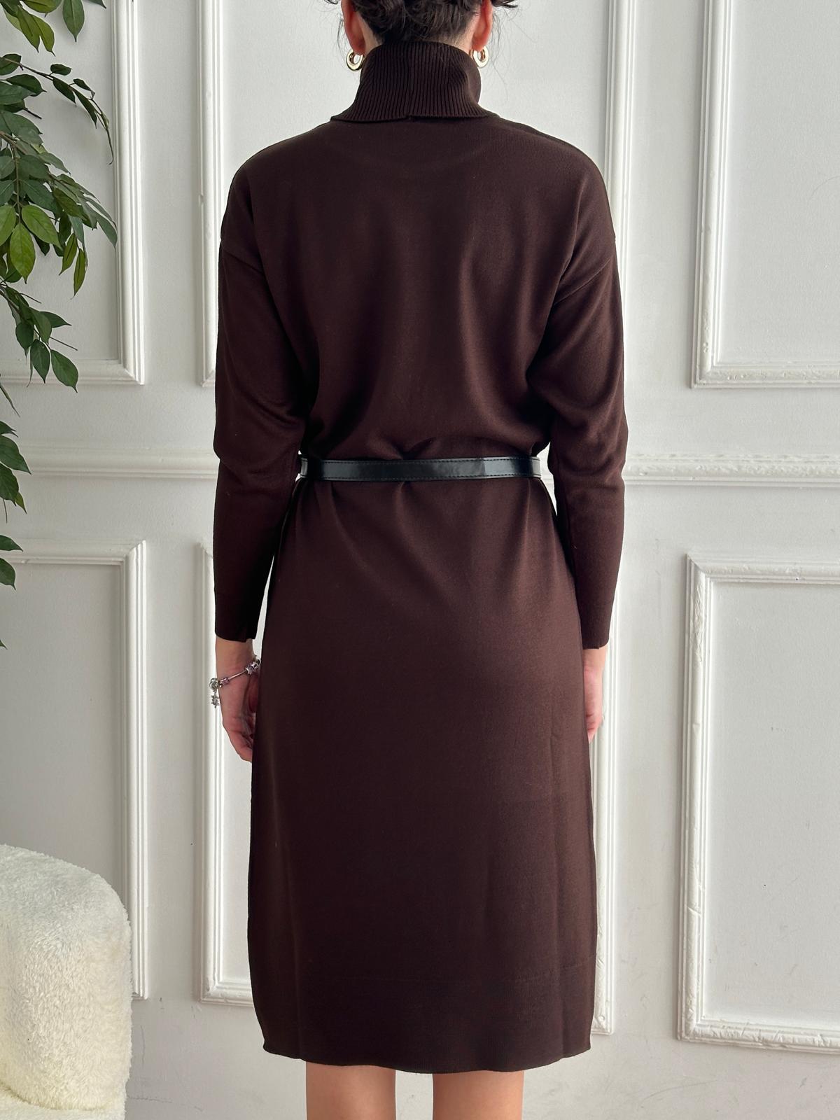 Degaje Yaka Taşlı Triko Elbise 20497 Kahverengi