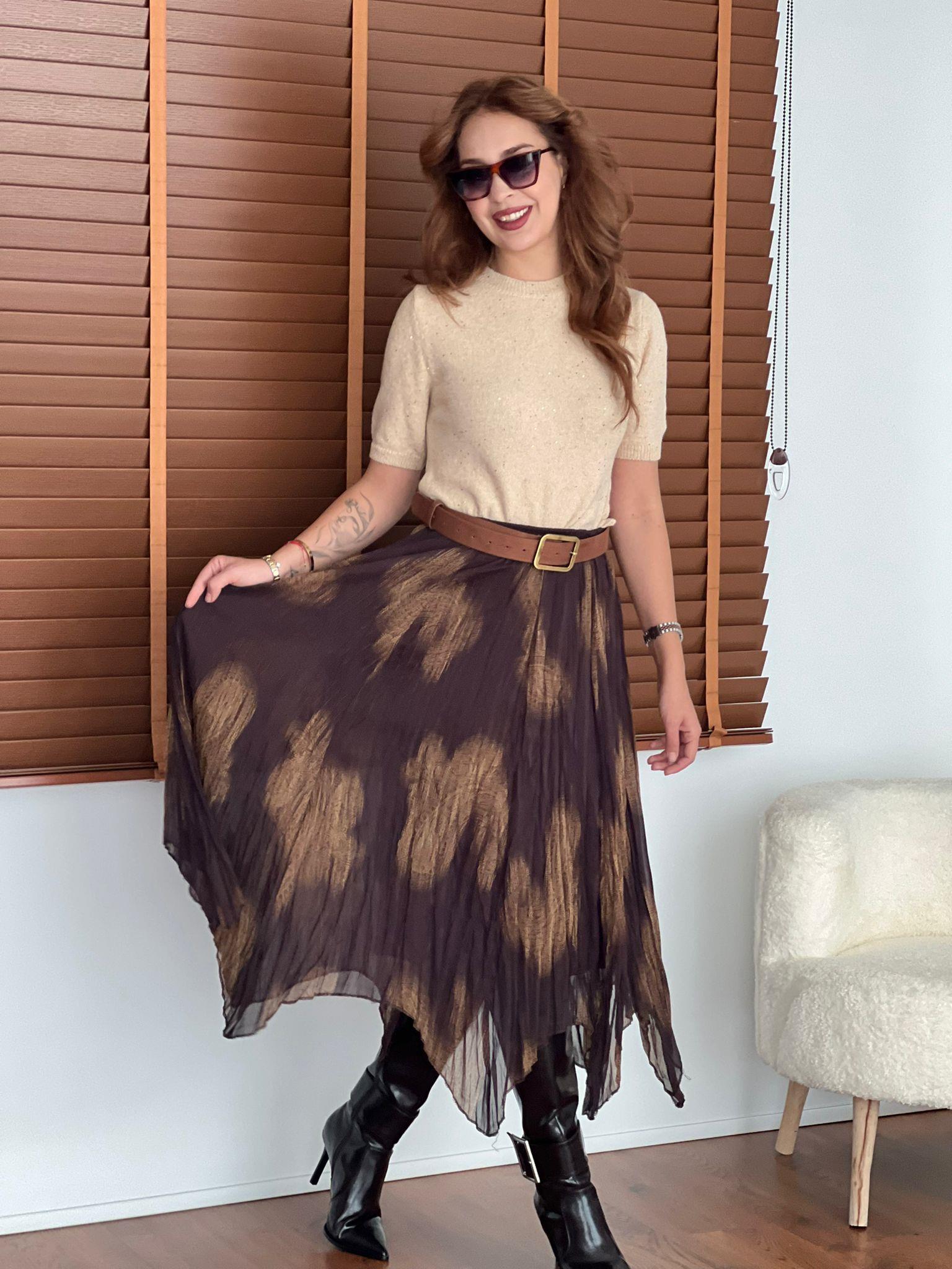 Desenli Asimetrik Şifon Etek 2853 Kahverengi