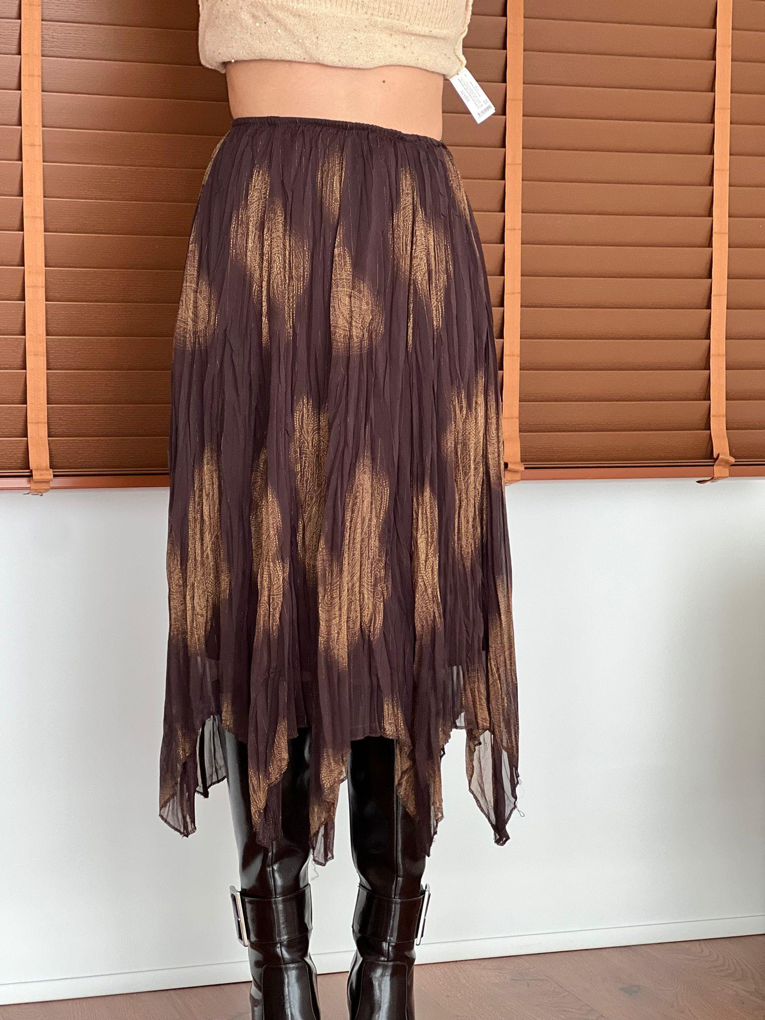 Desenli Asimetrik Şifon Etek 2853 Kahverengi