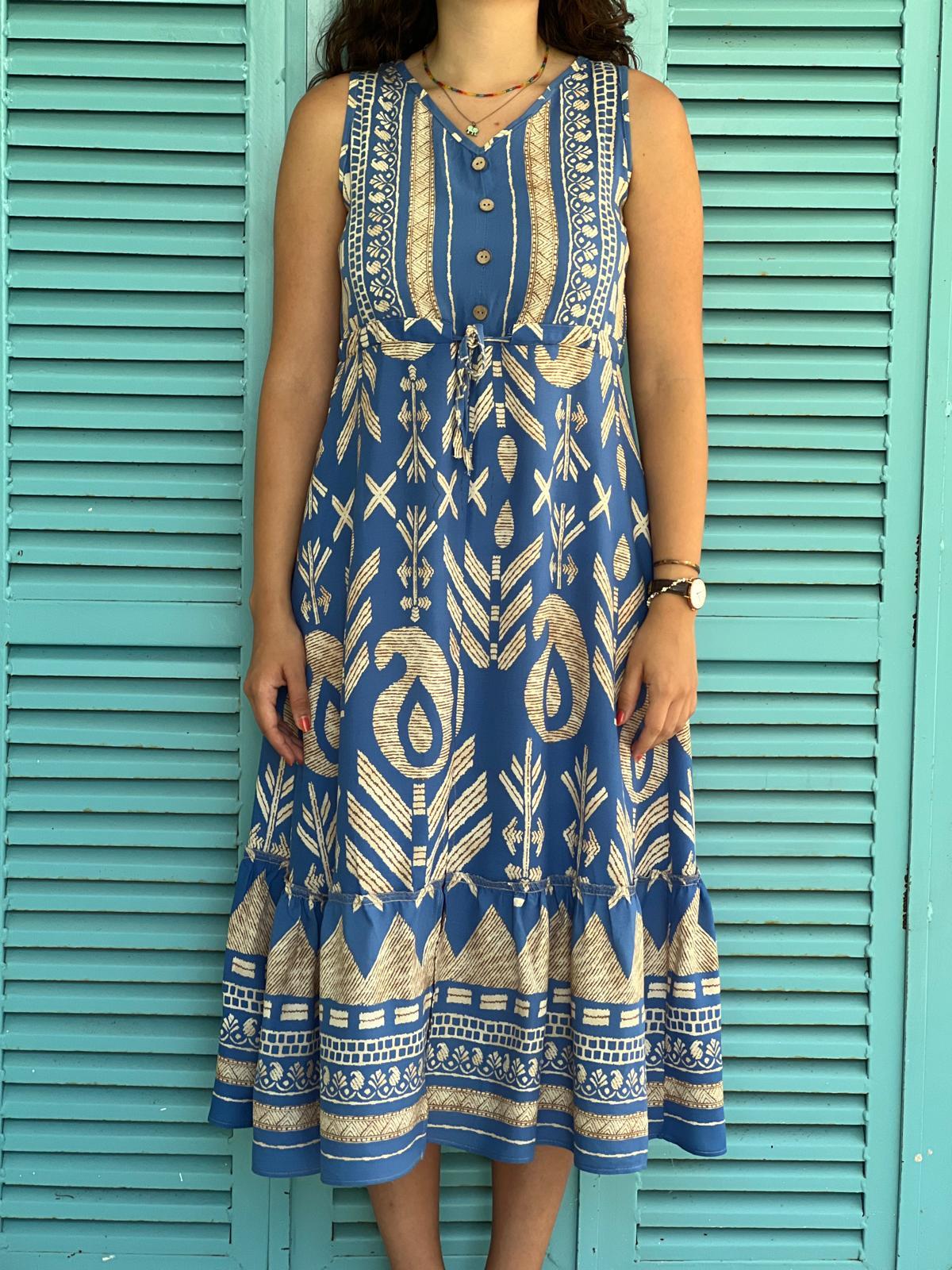 Desenli Elbise 17801 Koyu Mavi