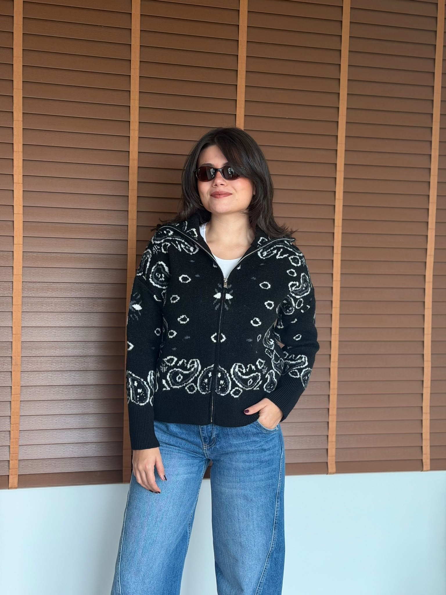 Desenli Fermuarlı Triko Hırka 26737 Siyah