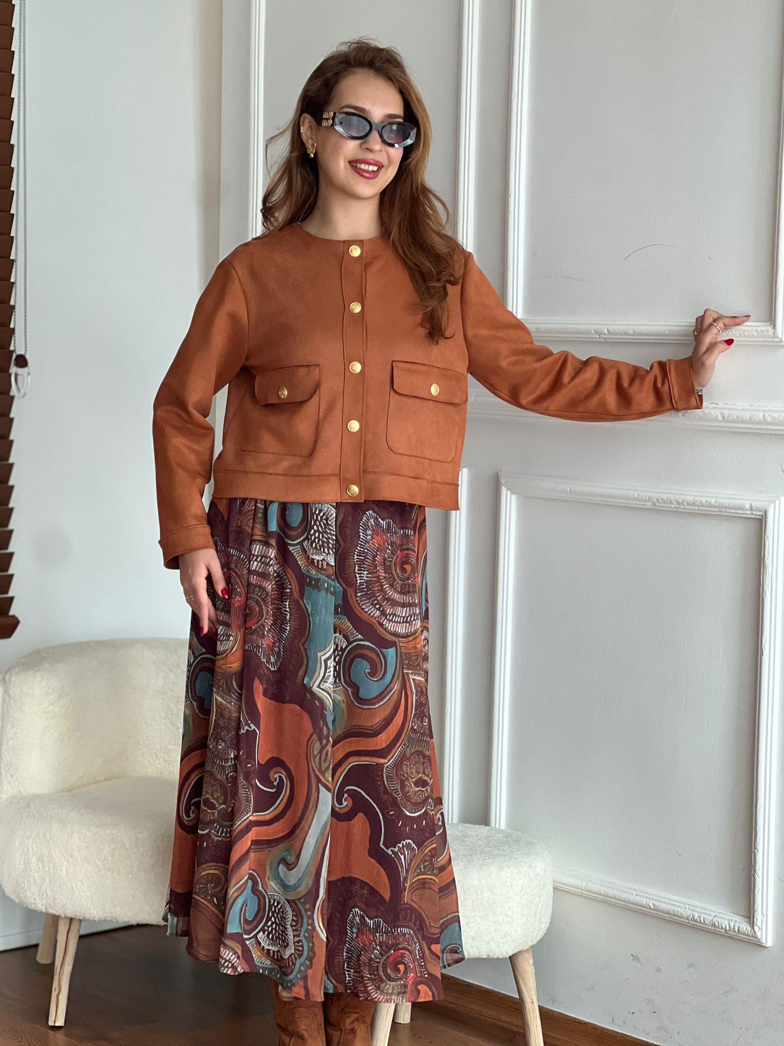 Desenli Kemerli Şifon Etek 2239 Kahverengi