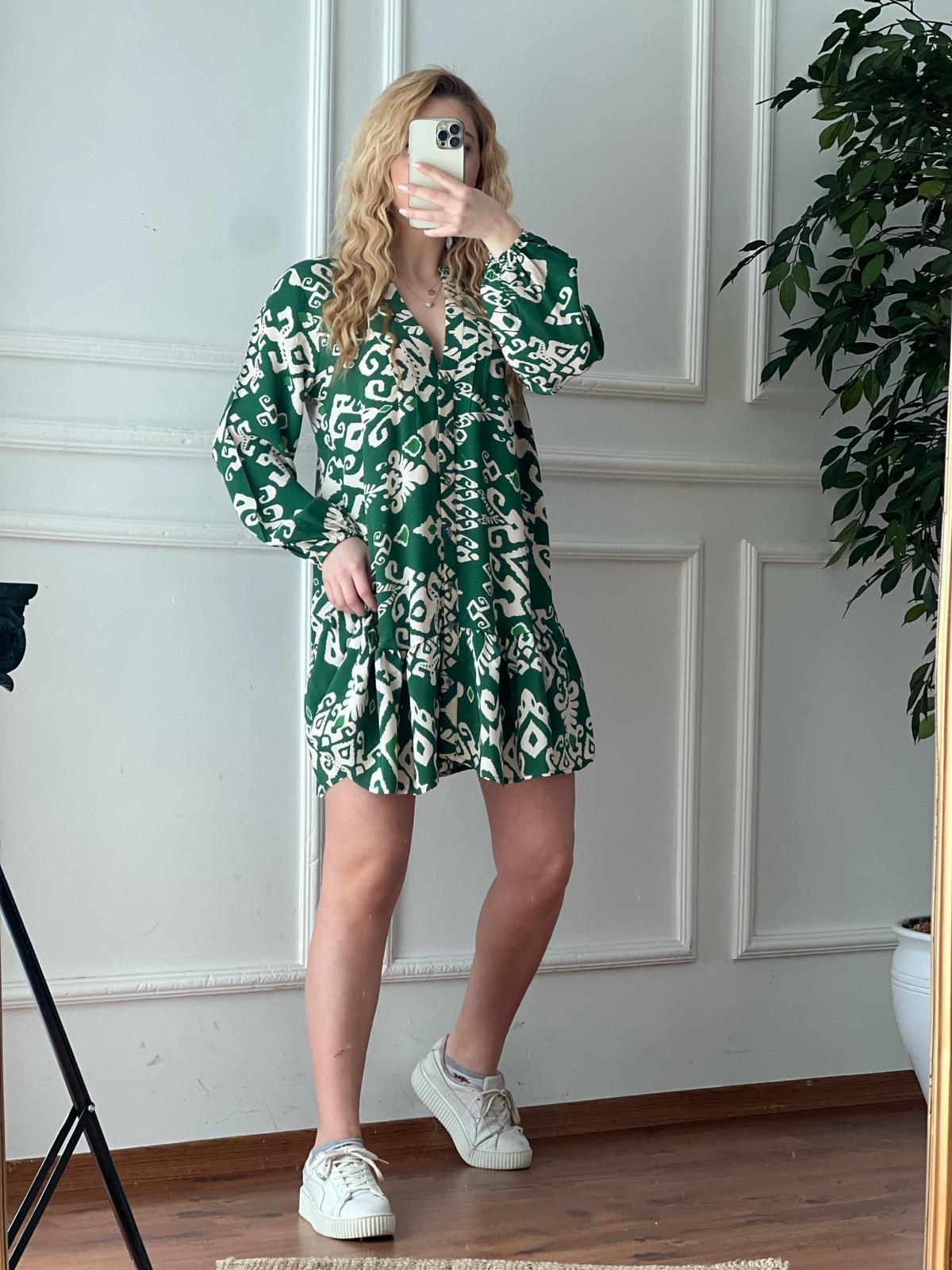 Desenli Kısa Elbise 00755 Yeşil