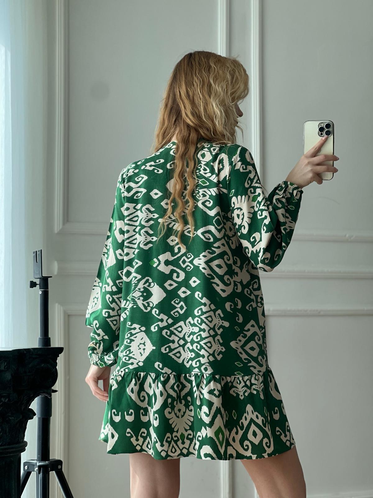 Desenli Kısa Elbise 00755 Yeşil