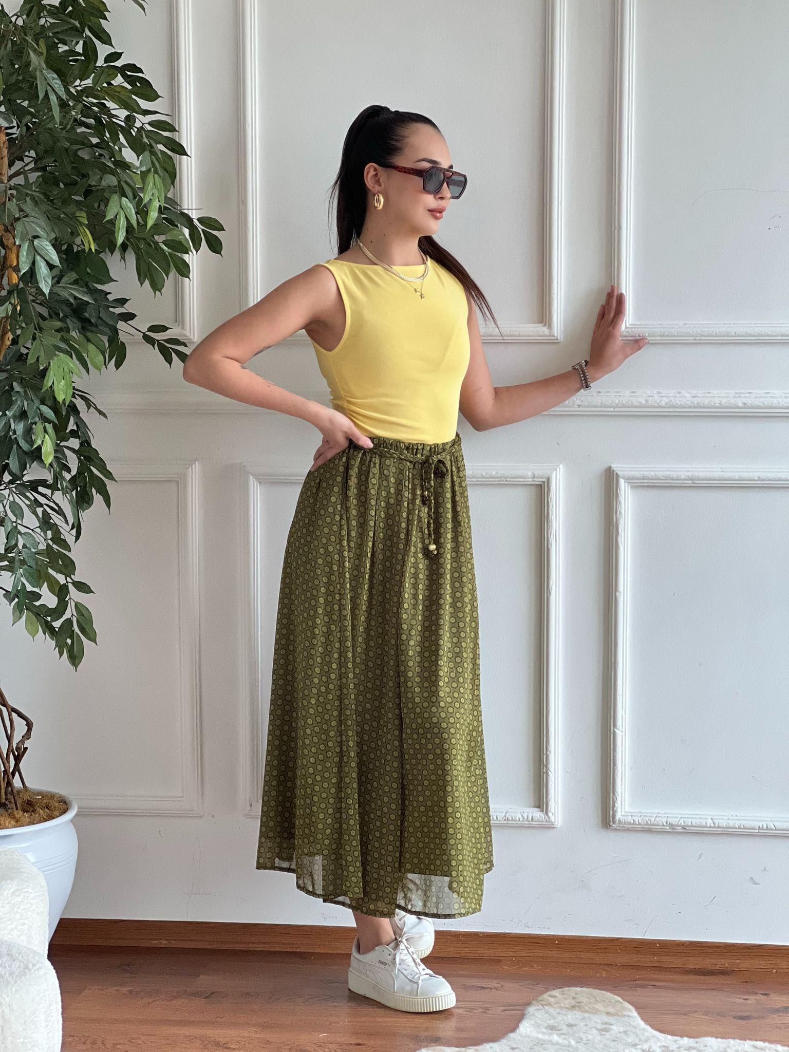 Desenli Kloş Etek 17198 Yeşil