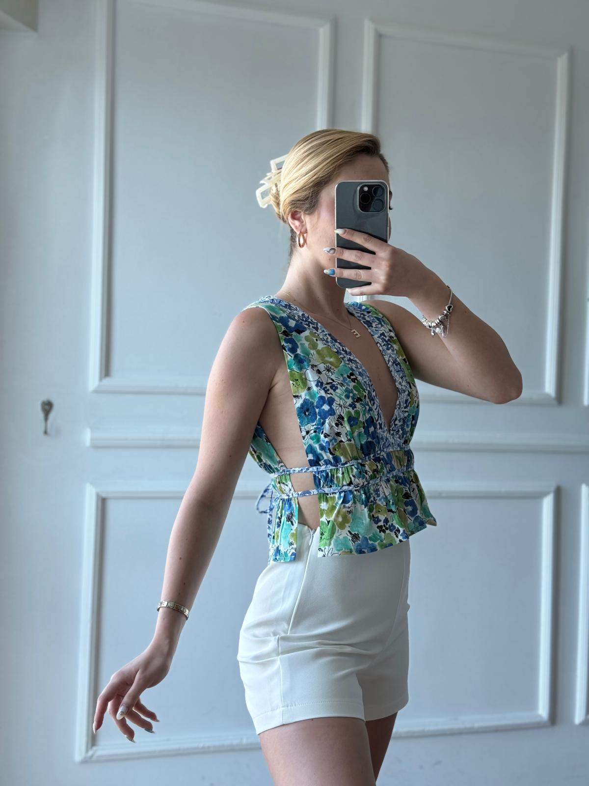 Desenli Matchli Bluz 23385 Yeşil