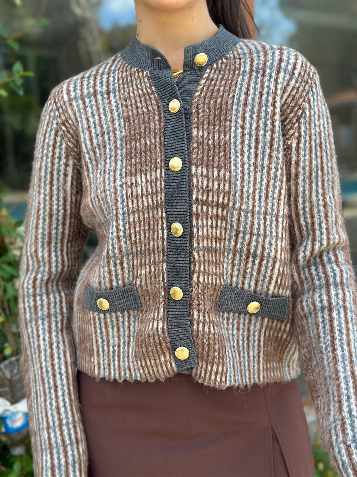 Desenli Şardonlu Düğmeli Triko Hırka 60986 Kahverengi