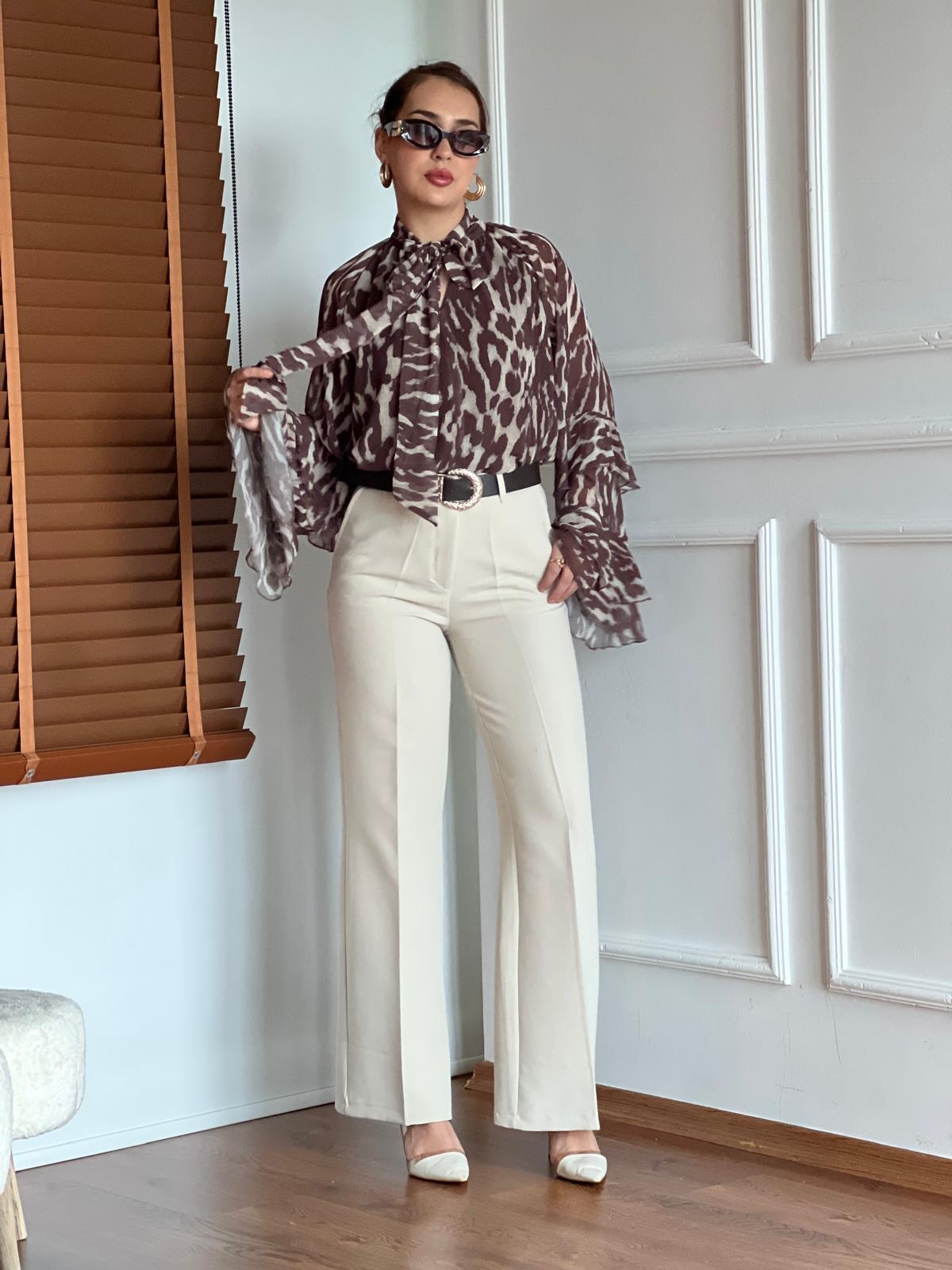 Desenli Şifon Bluz 5024 Kahverengi