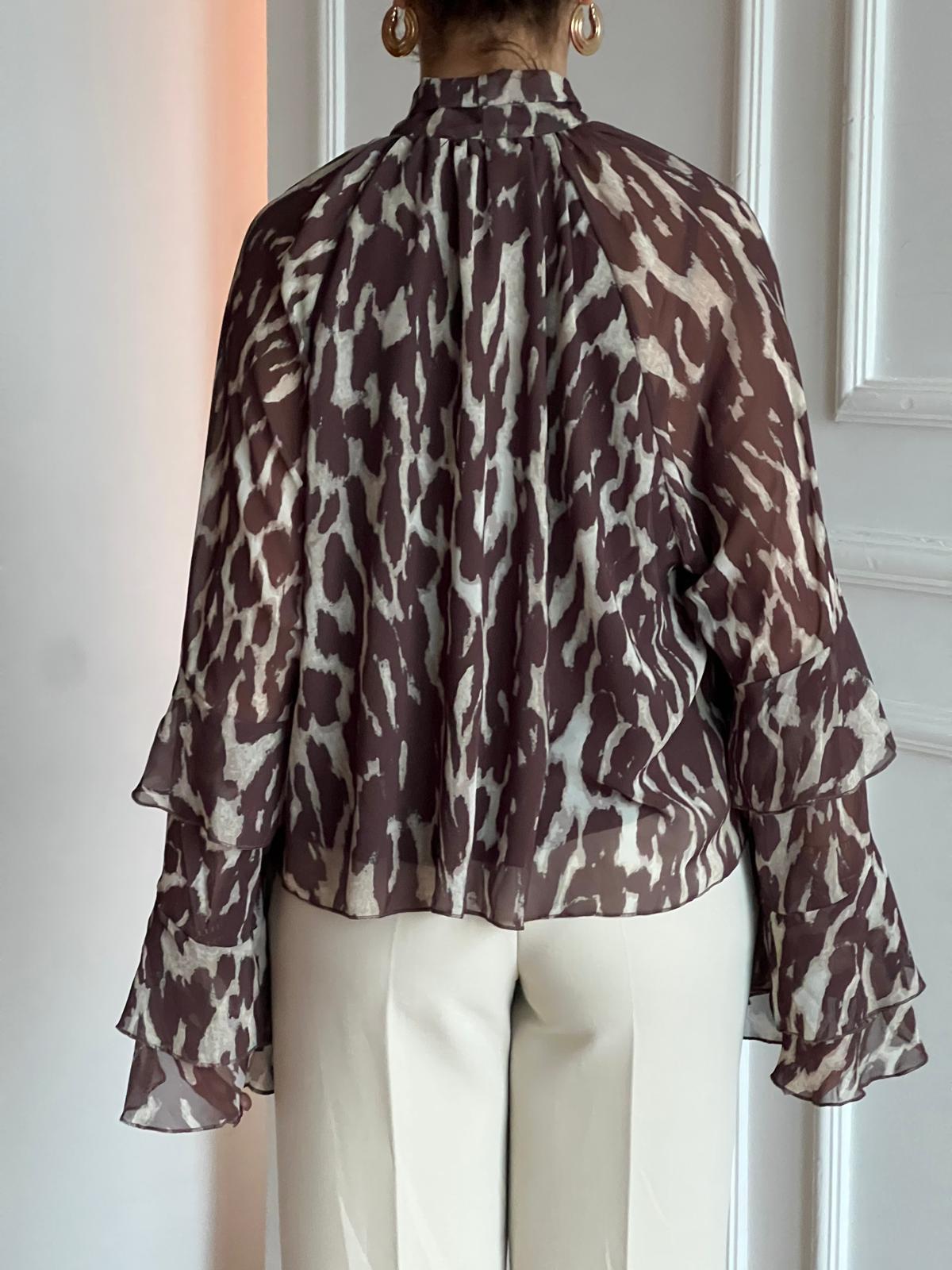 Desenli Şifon Bluz 5024 Kahverengi