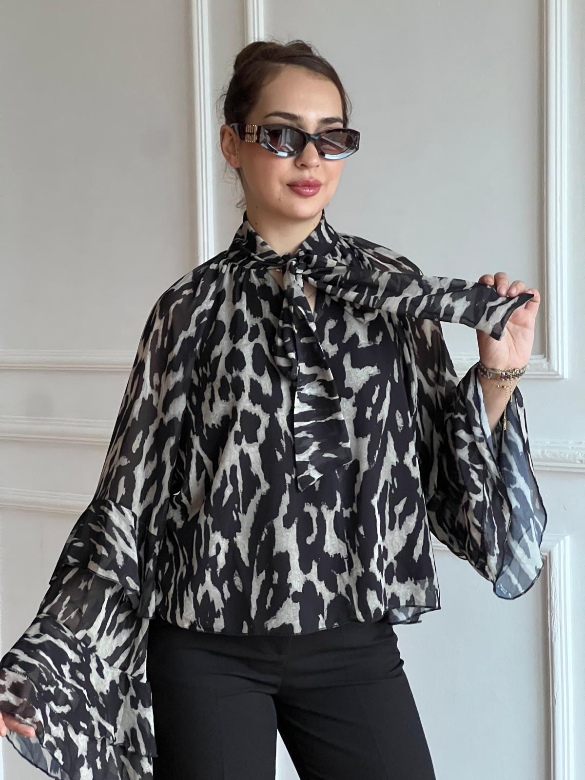 Desenli Şifon Bluz 5024 Siyah