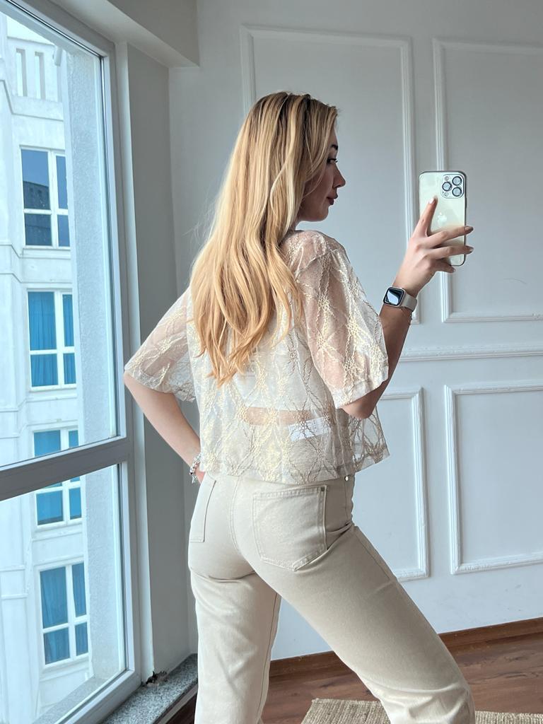 Desenli Tül Bluz 28488 Gold