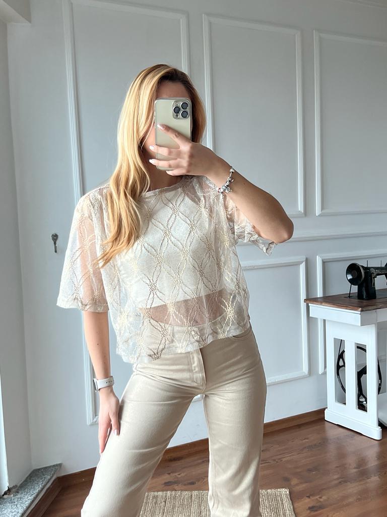 Desenli Tül Bluz 28488 Gold
