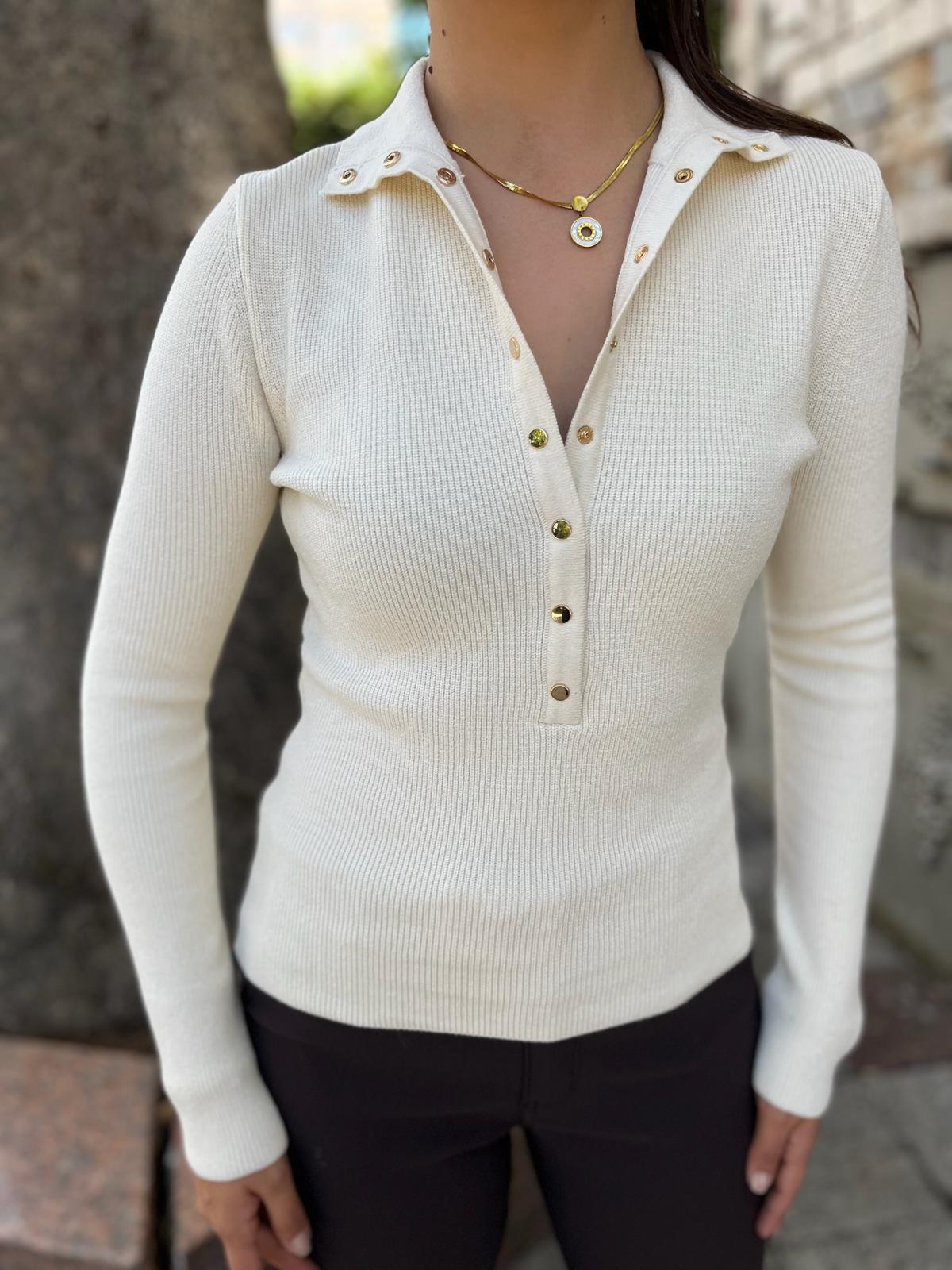 Dik Yaka Çıtçıtlı Triko Kazak 10686 Ekru