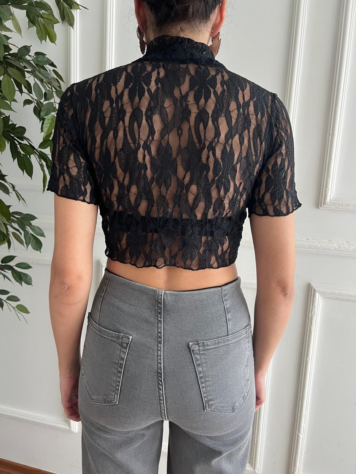 Dik Yaka Kısa Kol Dantelli Bluz 29708 Siyah