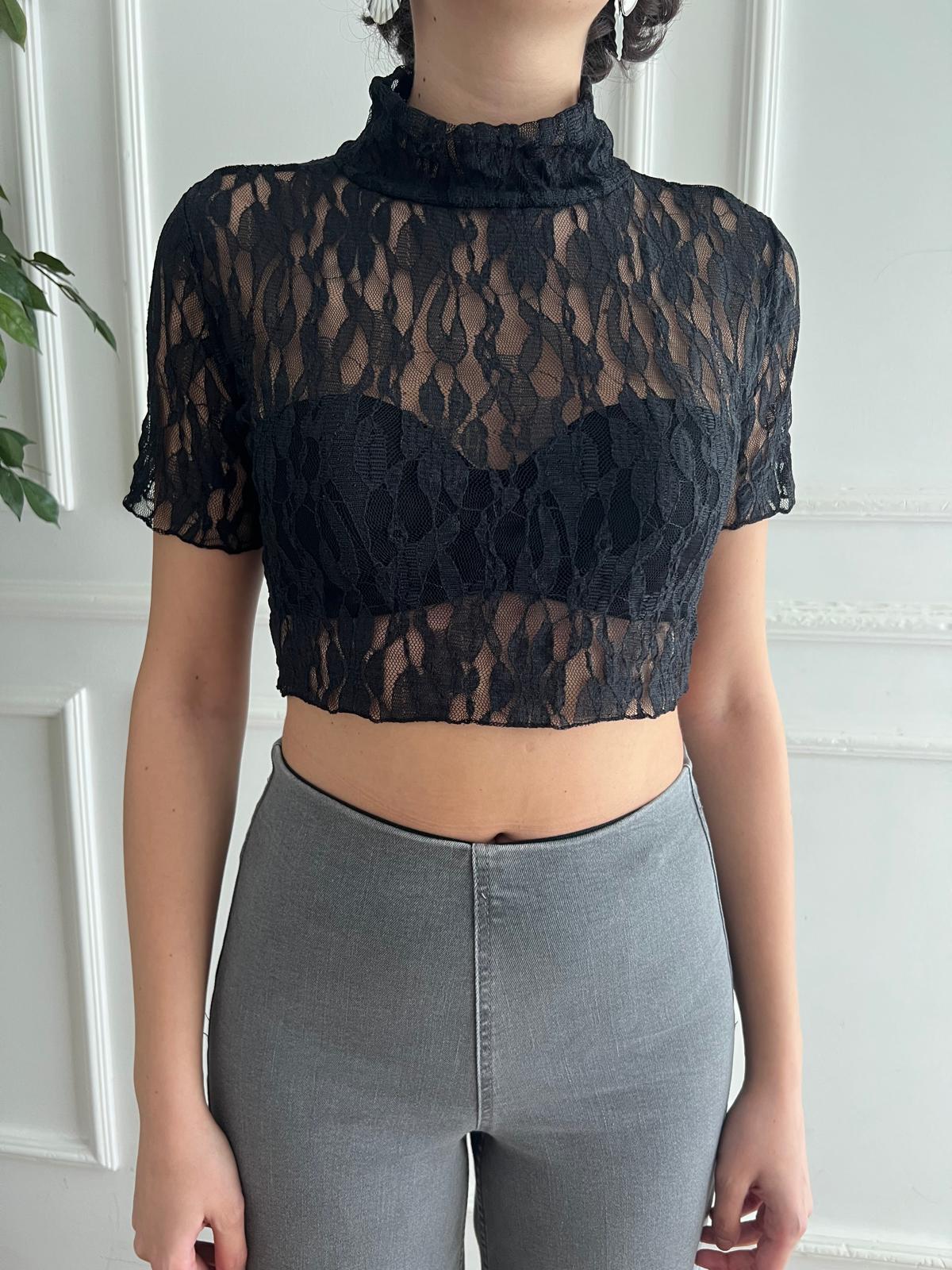 Dik Yaka Kısa Kol Dantelli Bluz 29708 Siyah
