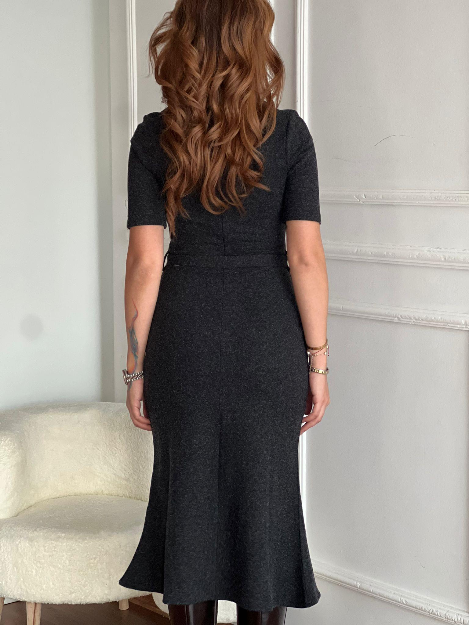 Dik Yaka Kısa Kol Kemerli Elbise 17297 Antrasit