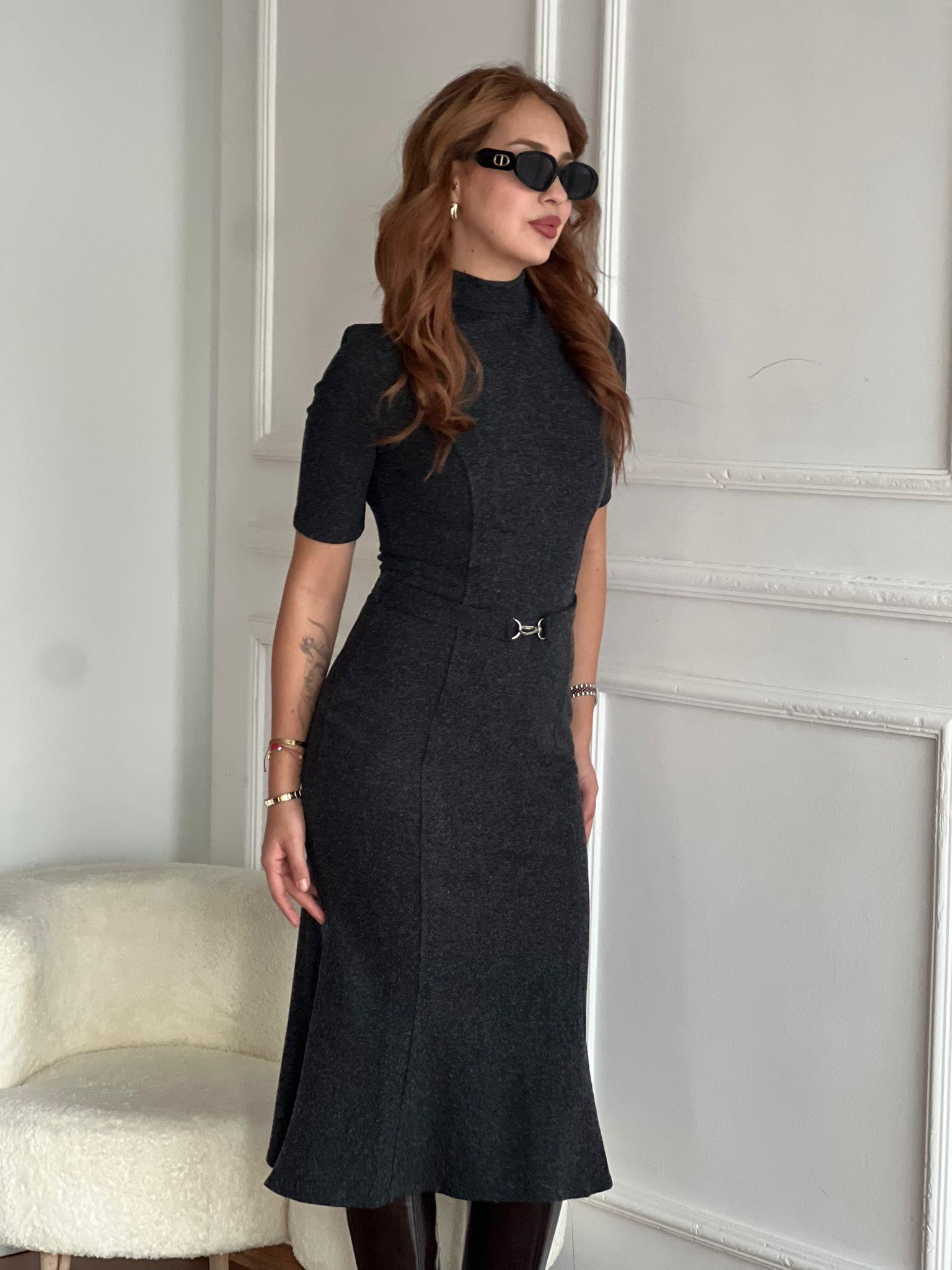 Dik Yaka Kısa Kol Kemerli Elbise 17297 Antrasit