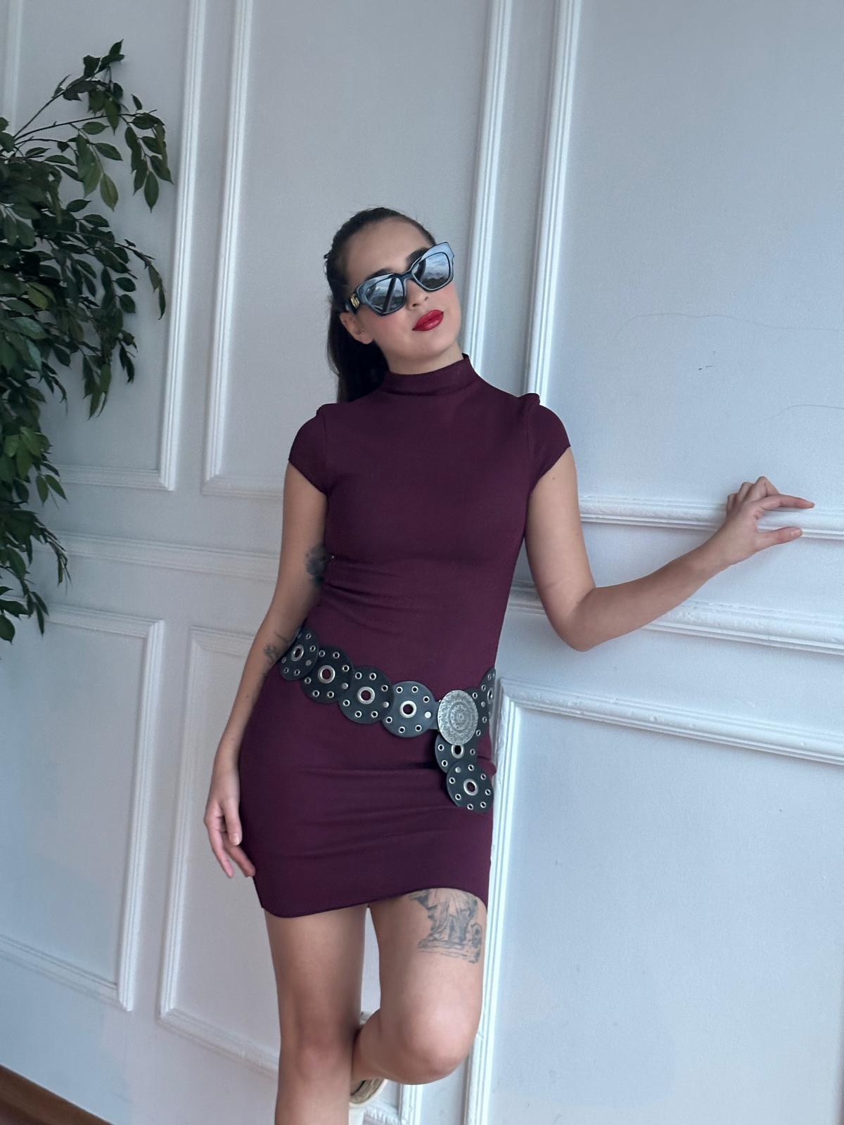 Dik Yaka Streç Mini Elbise 91304 Bordo