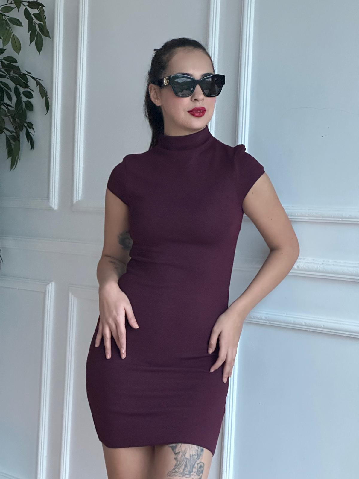 Dik Yaka Streç Mini Elbise 91304 Bordo