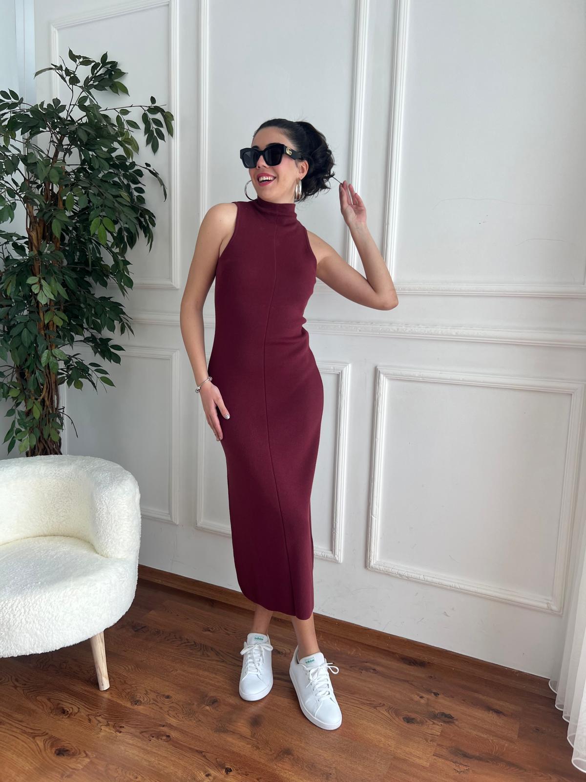 Dik Yaka Triko Elbise 90239 Bordo