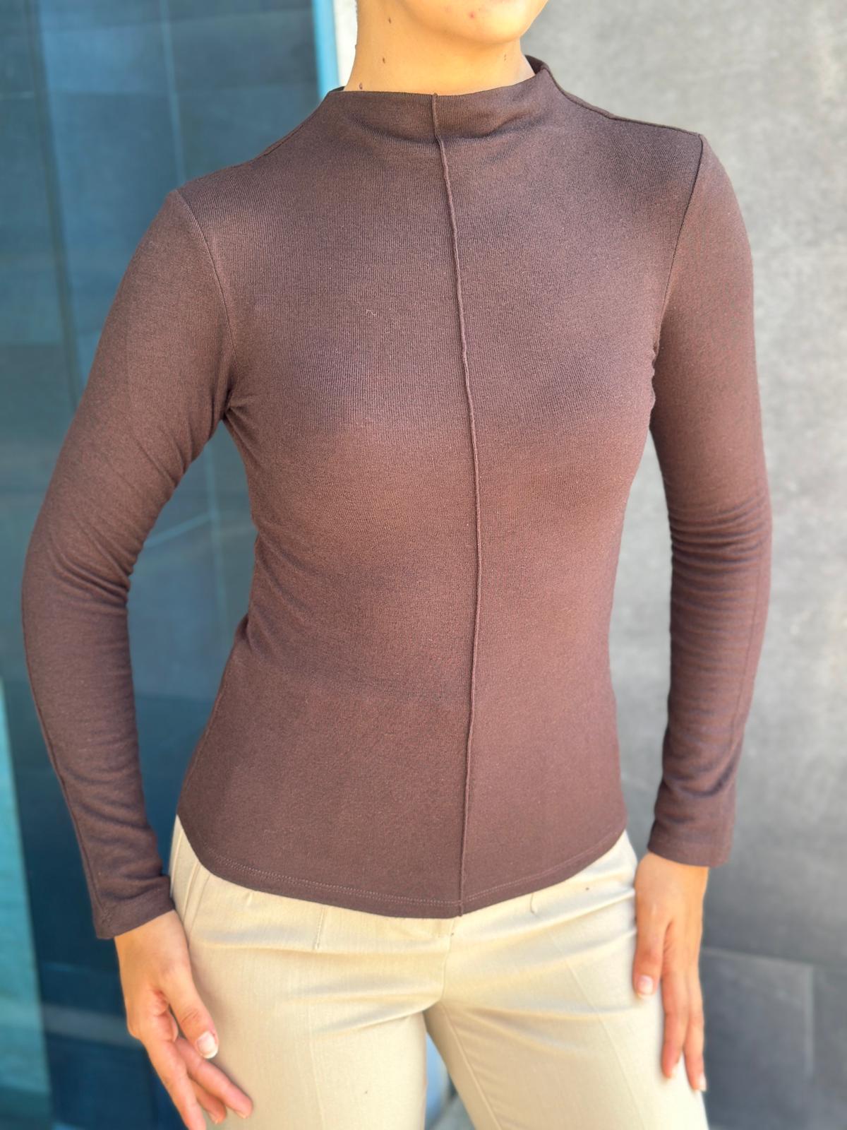 Dik Yaka Uzun Kollu Bluz 31391 Koyu Kahve