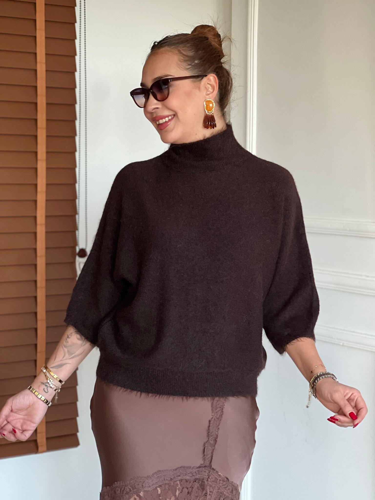 Dik Yaka Yumuşak Dokulu Kazak 10851 Kahverengi