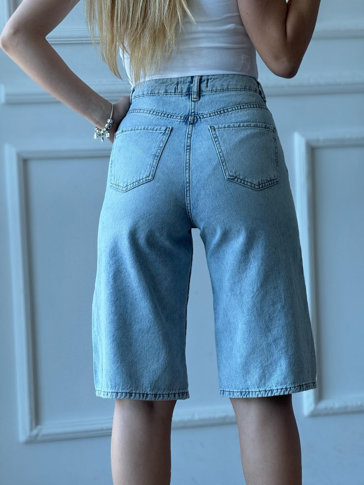 Dökümlü Kumaş Denim Kapri 71675 Mavi