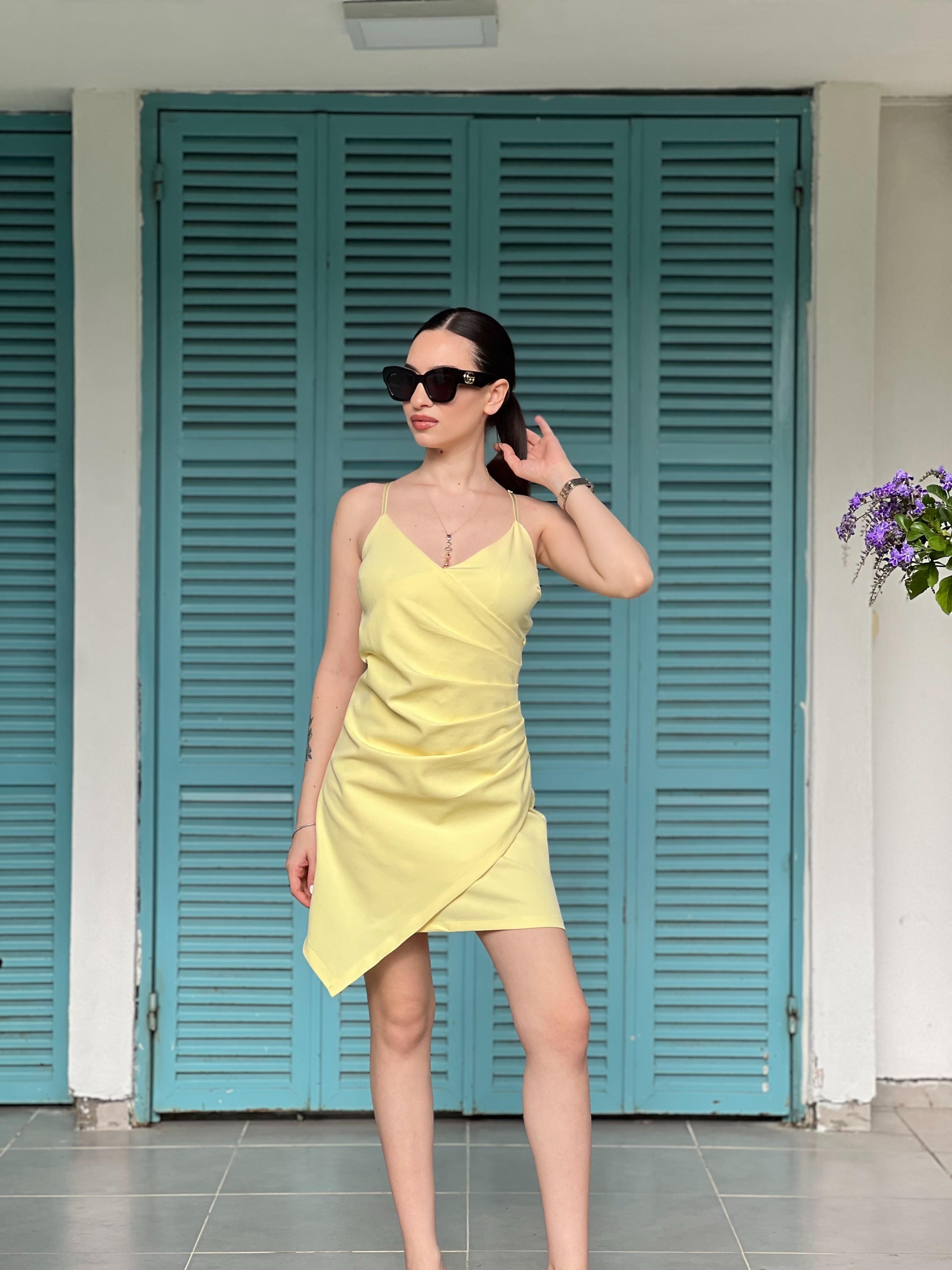 Drapeli Askılı Elbise 38719 Açık Sarı