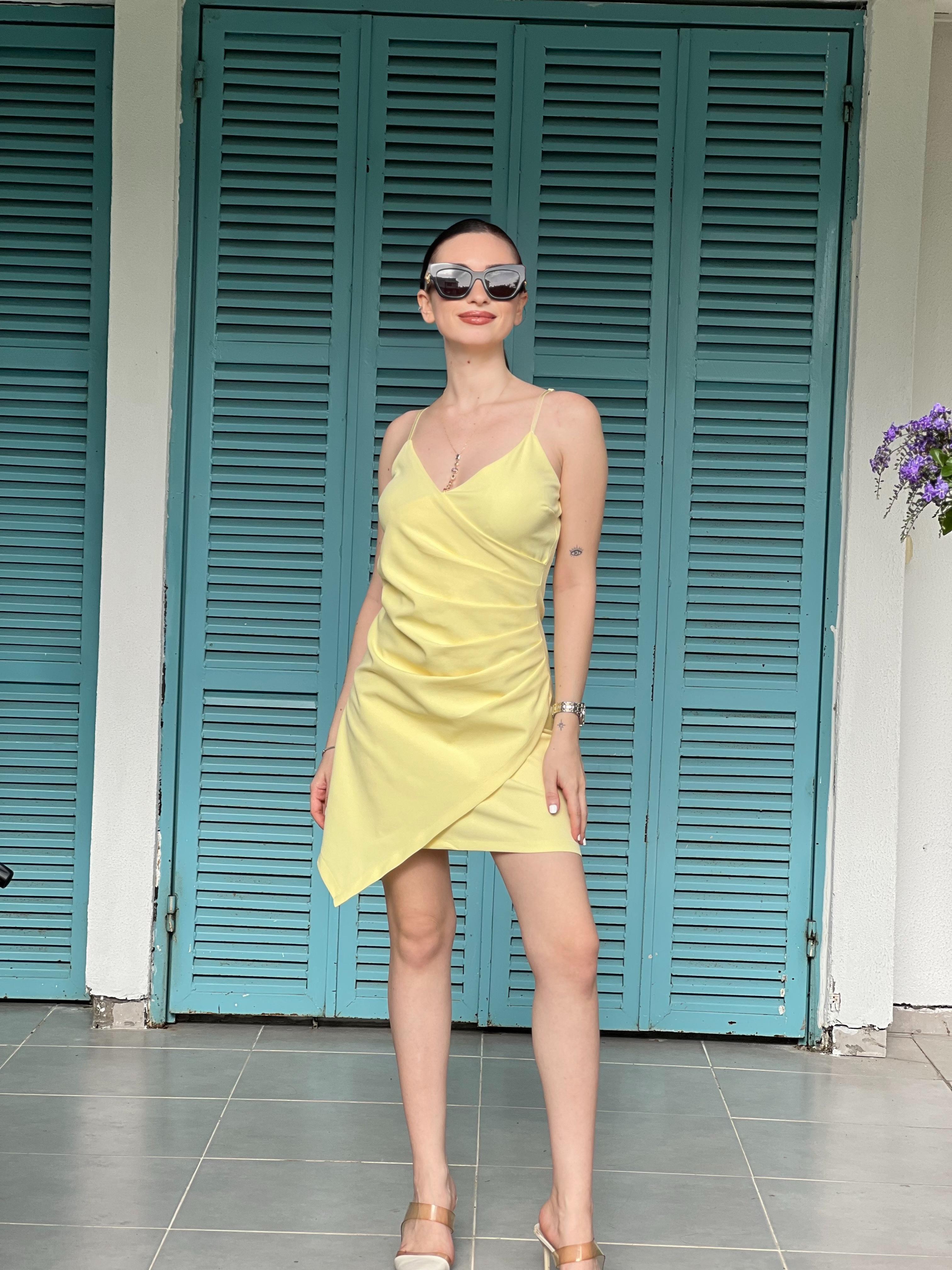 Drapeli Askılı Elbise 38719 Açık Sarı