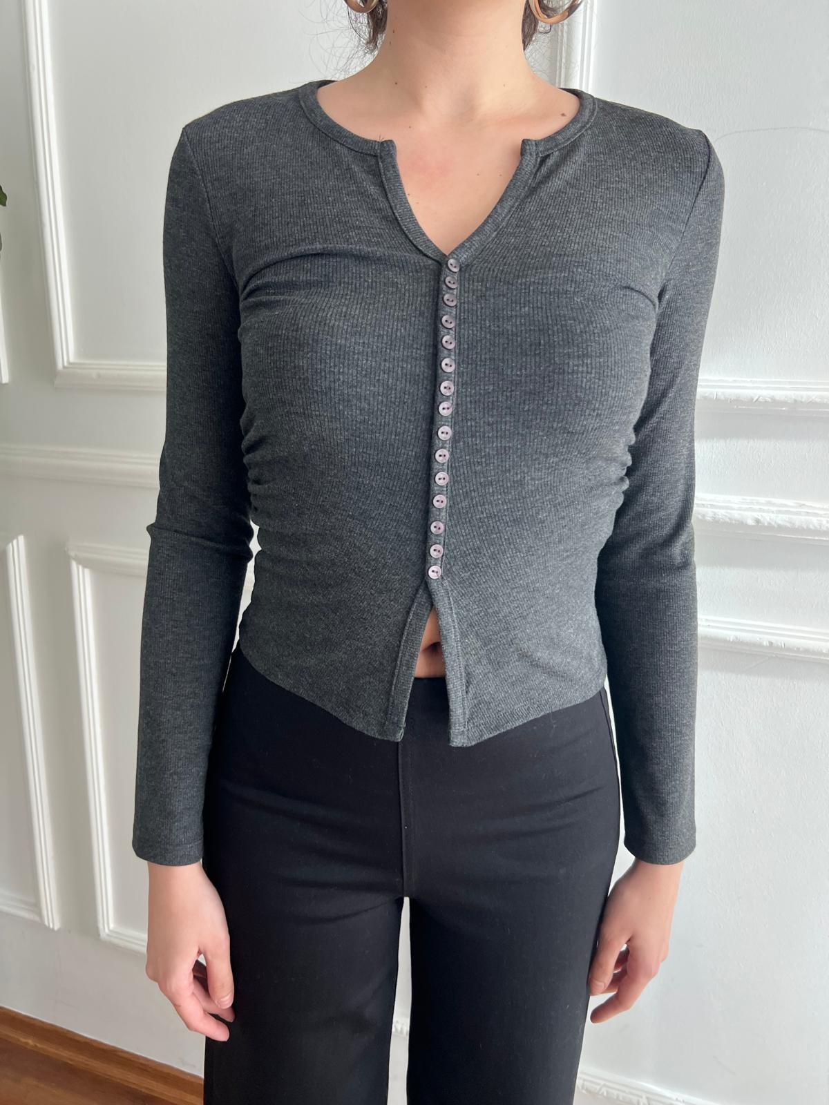 Düğme Detaylı Büzgülü Bluz 31548 Antrasit