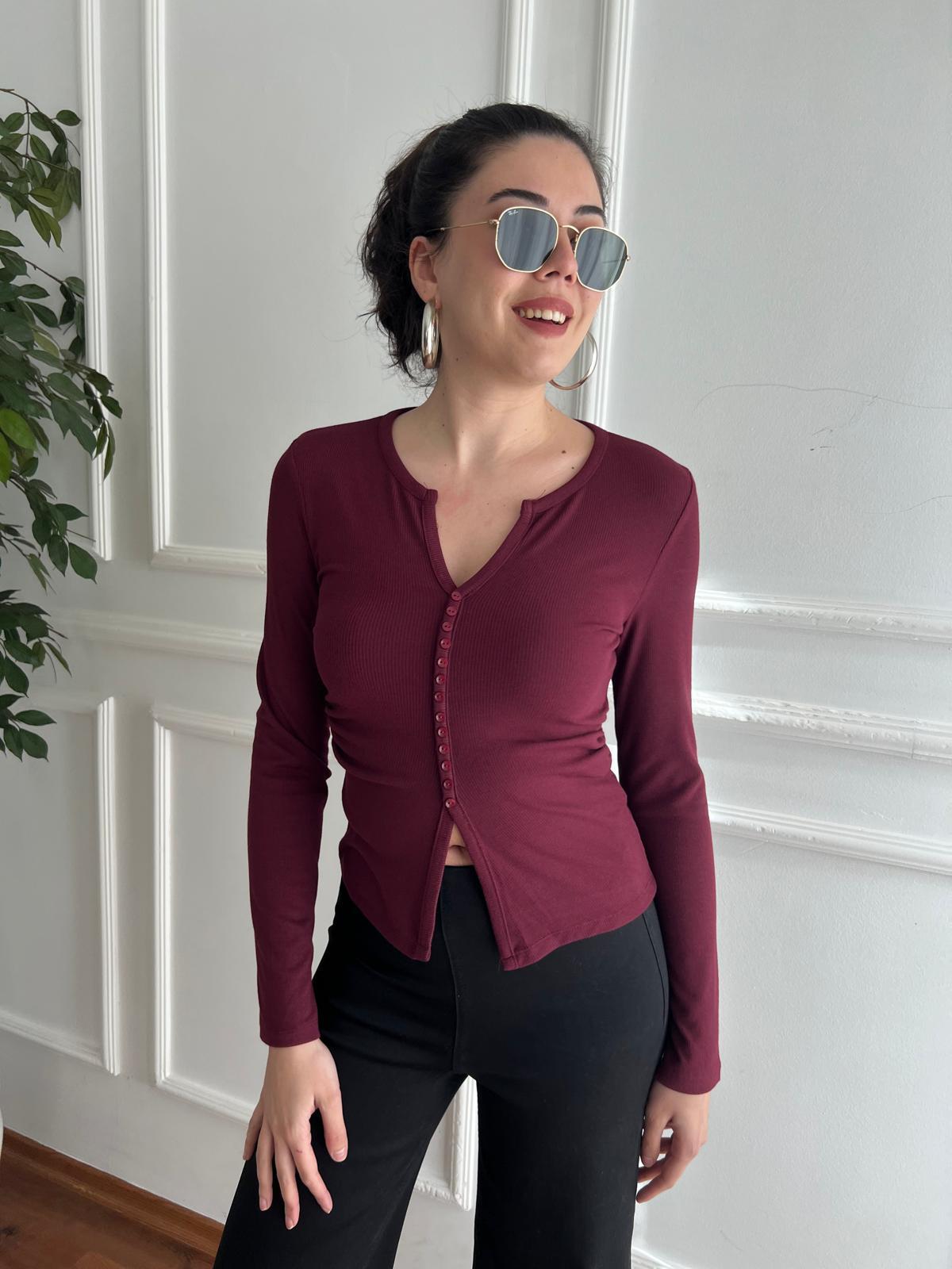 Düğme Detaylı Büzgülü Bluz 31548 Bordo