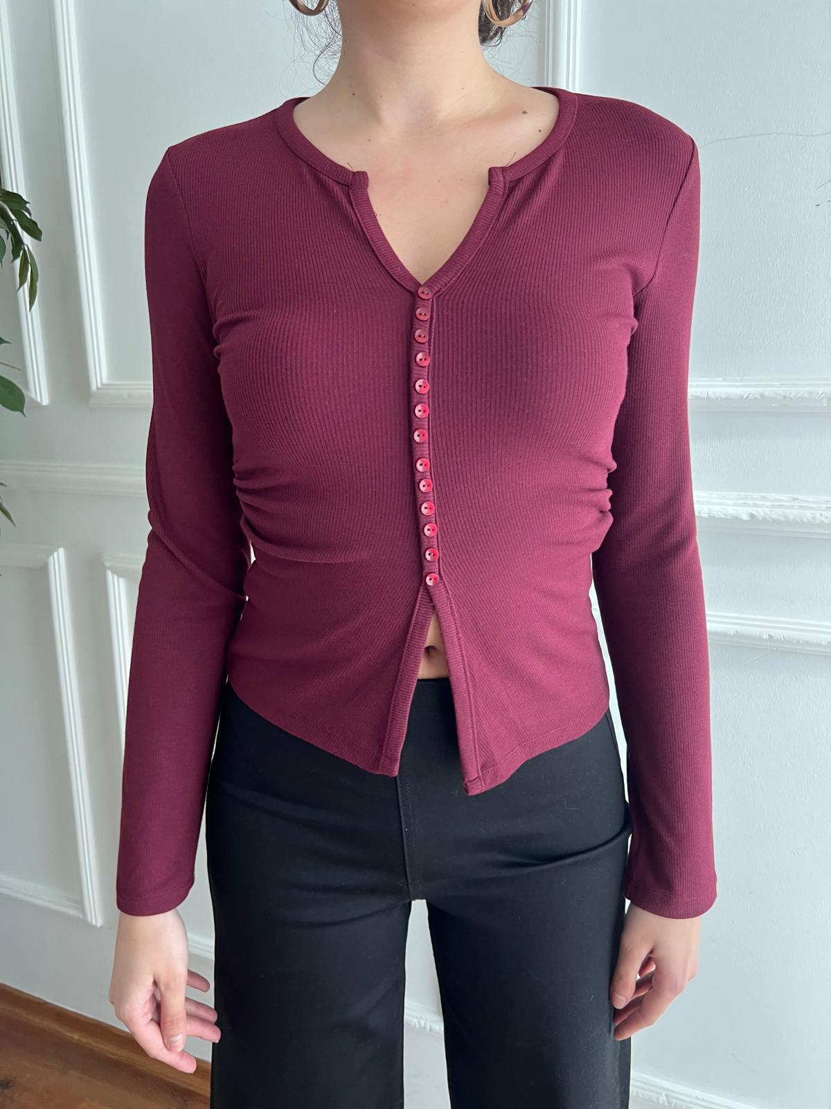 Düğme Detaylı Büzgülü Bluz 31548 Bordo