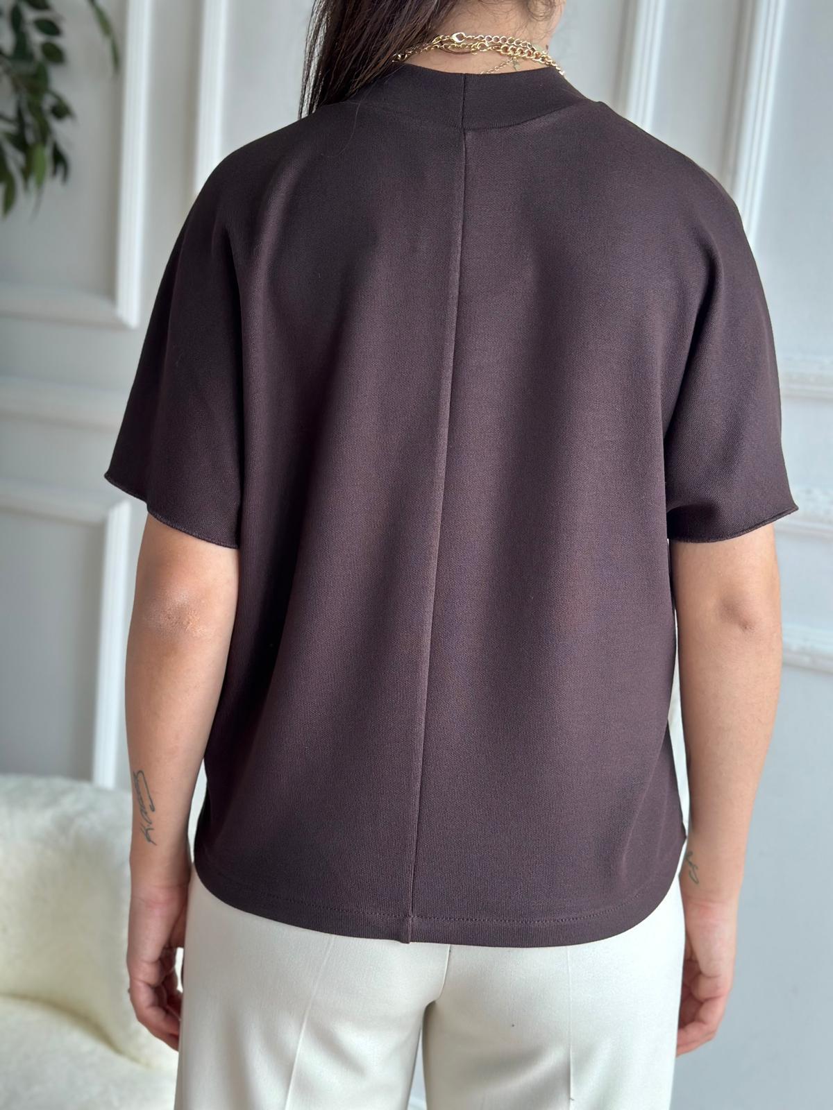 Düğmeli Dik Yaka Bluz 31512 Koyu Kahve