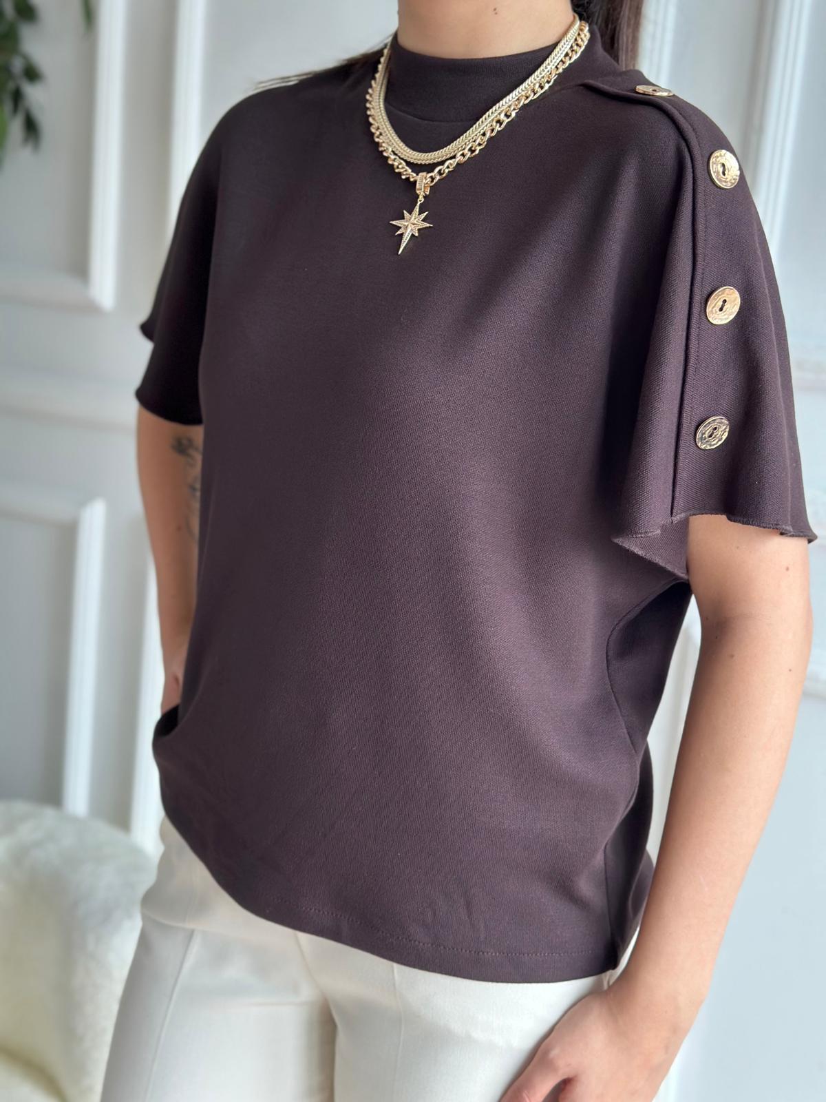 Düğmeli Dik Yaka Bluz 31512 Koyu Kahve