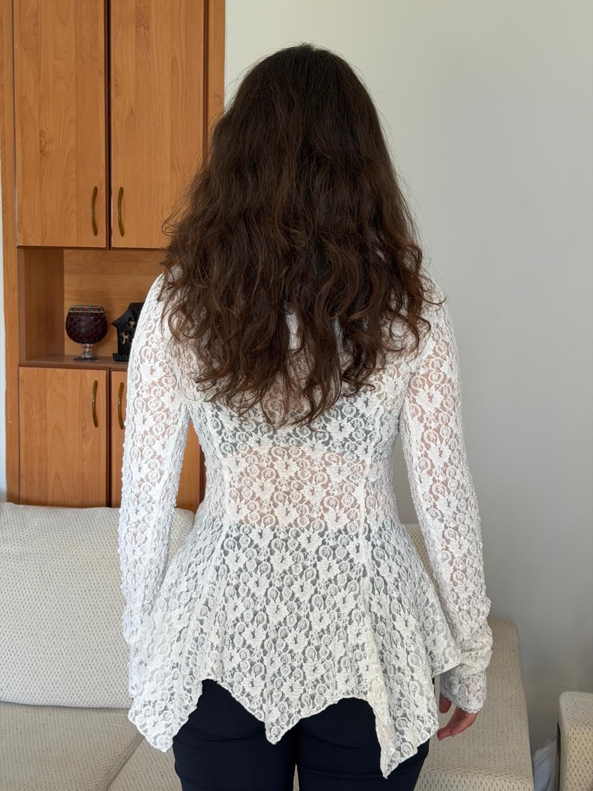 Düğmeli Peplum Dantel Hırka 60433 Ekru