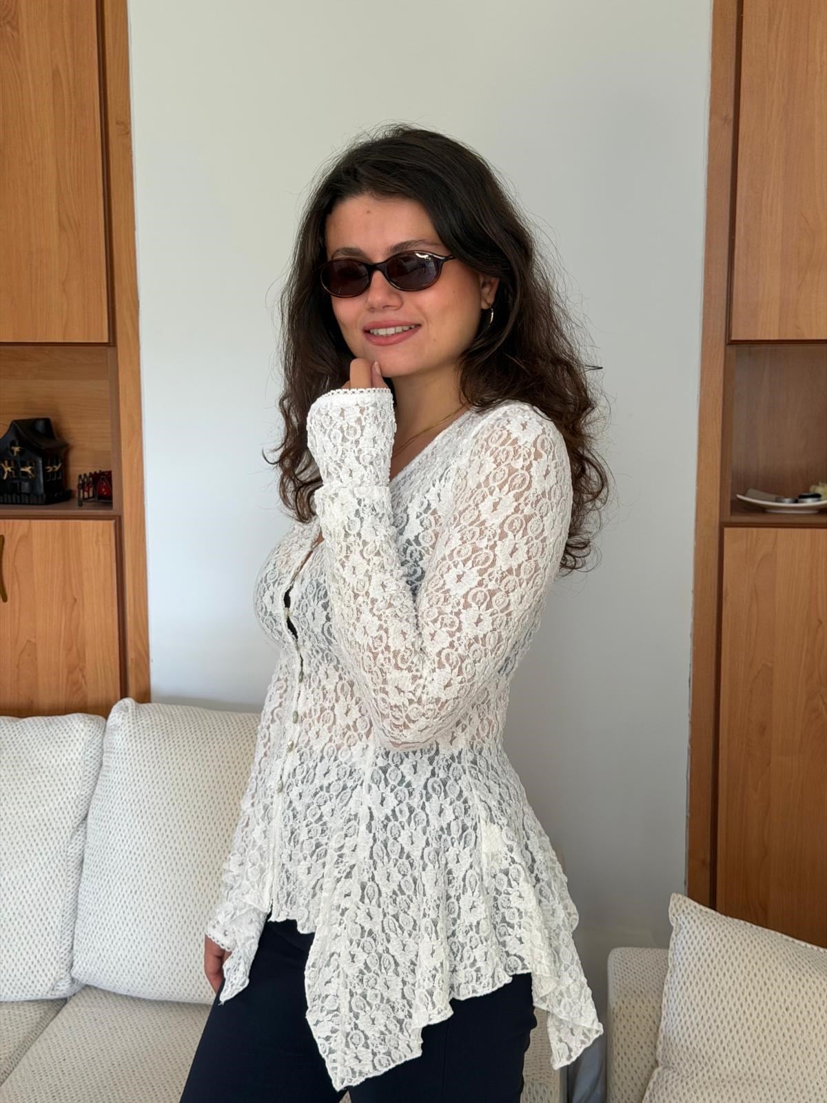 Düğmeli Peplum Dantel Hırka 60433 Ekru