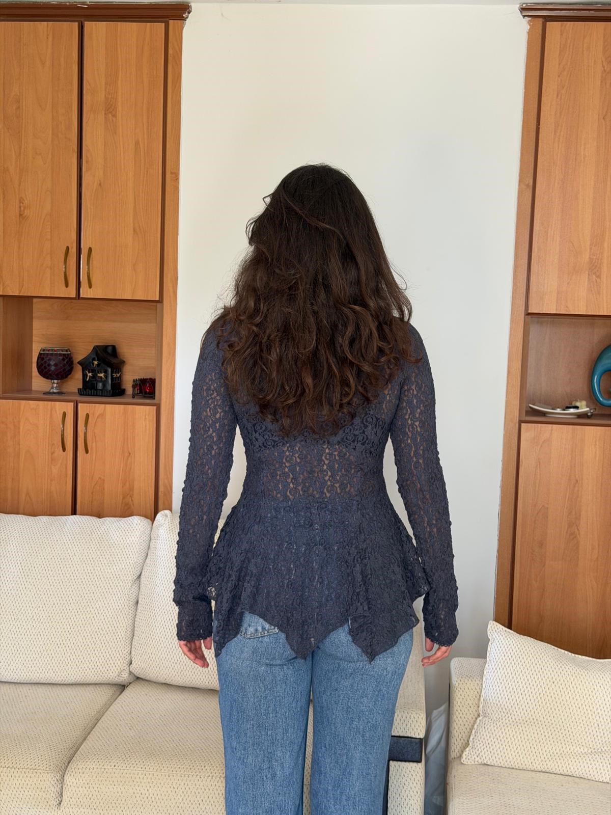 Düğmeli Peplum Dantel Hırka 60433 İndigo