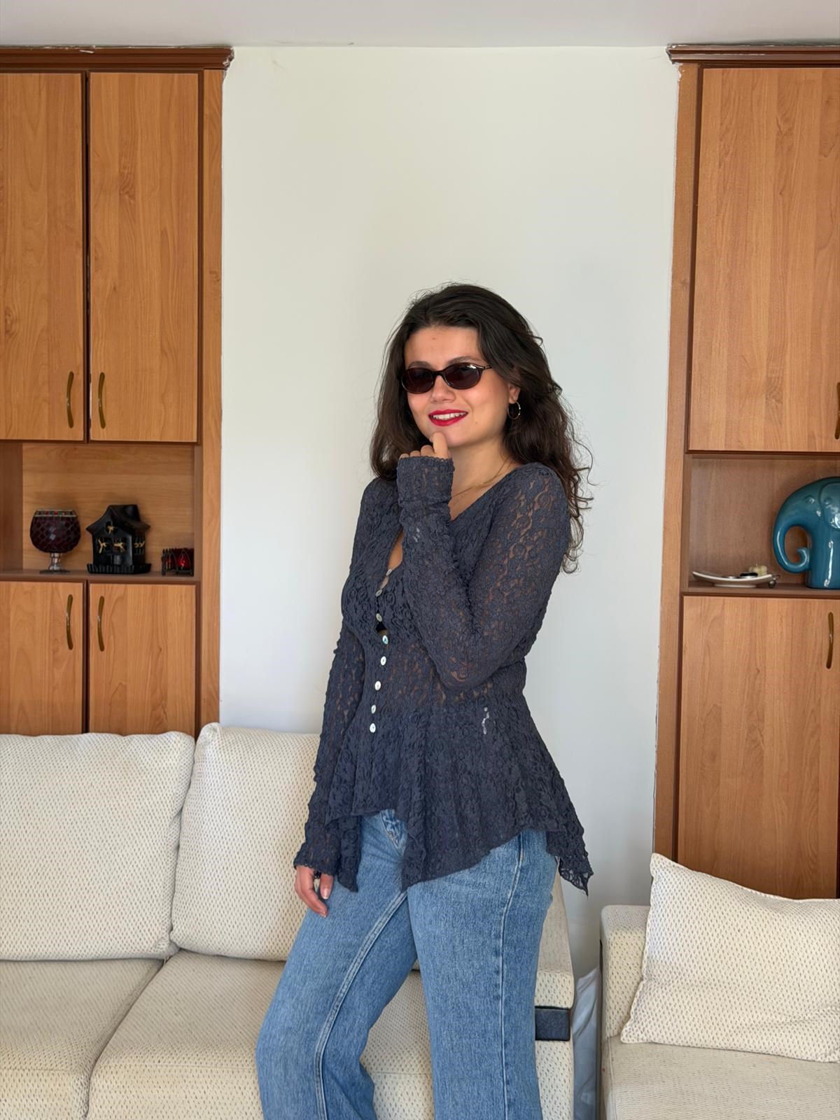 Düğmeli Peplum Dantel Hırka 60433 İndigo