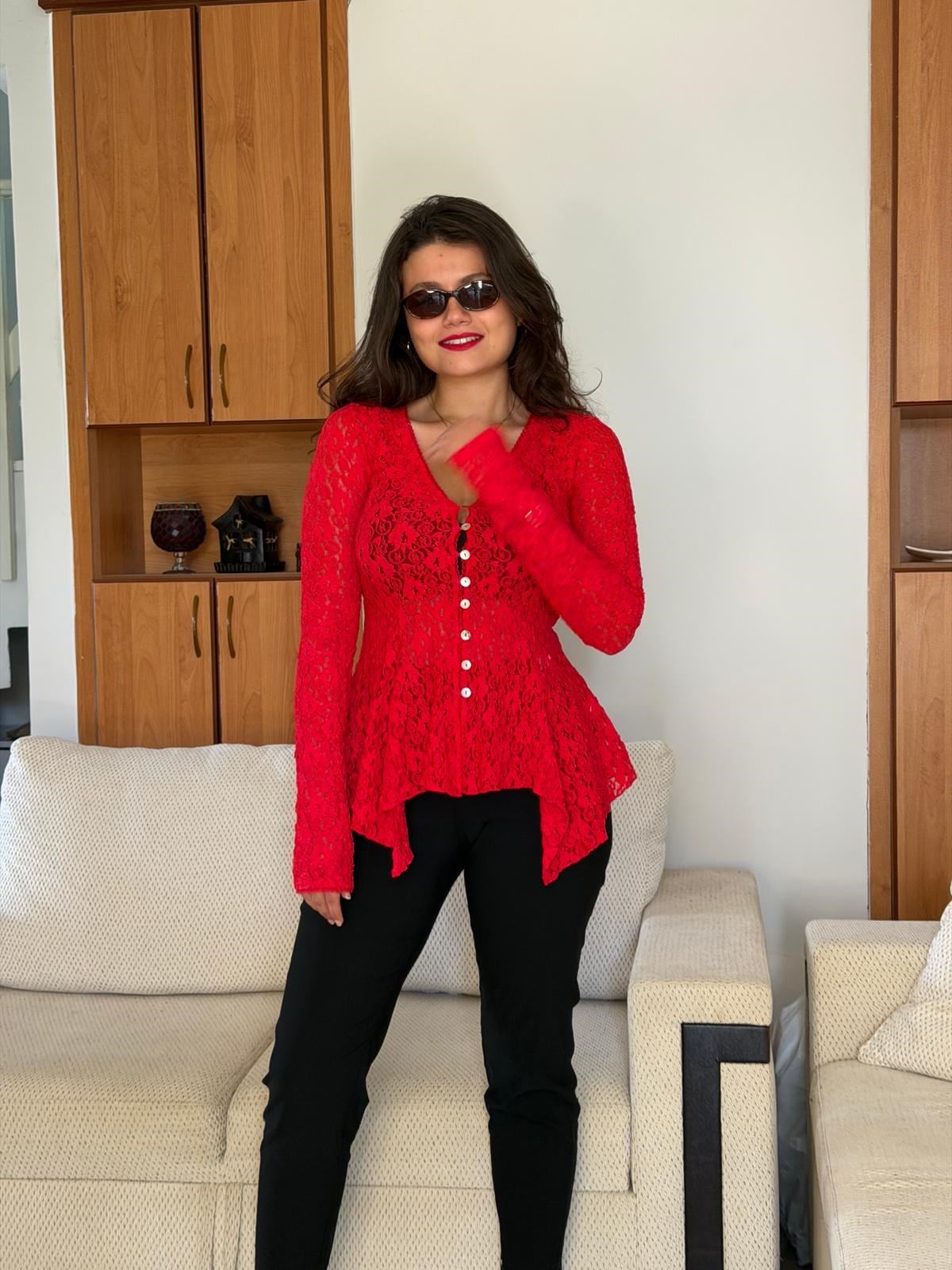 Düğmeli Peplum Dantel Hırka 60433 Kırmızı