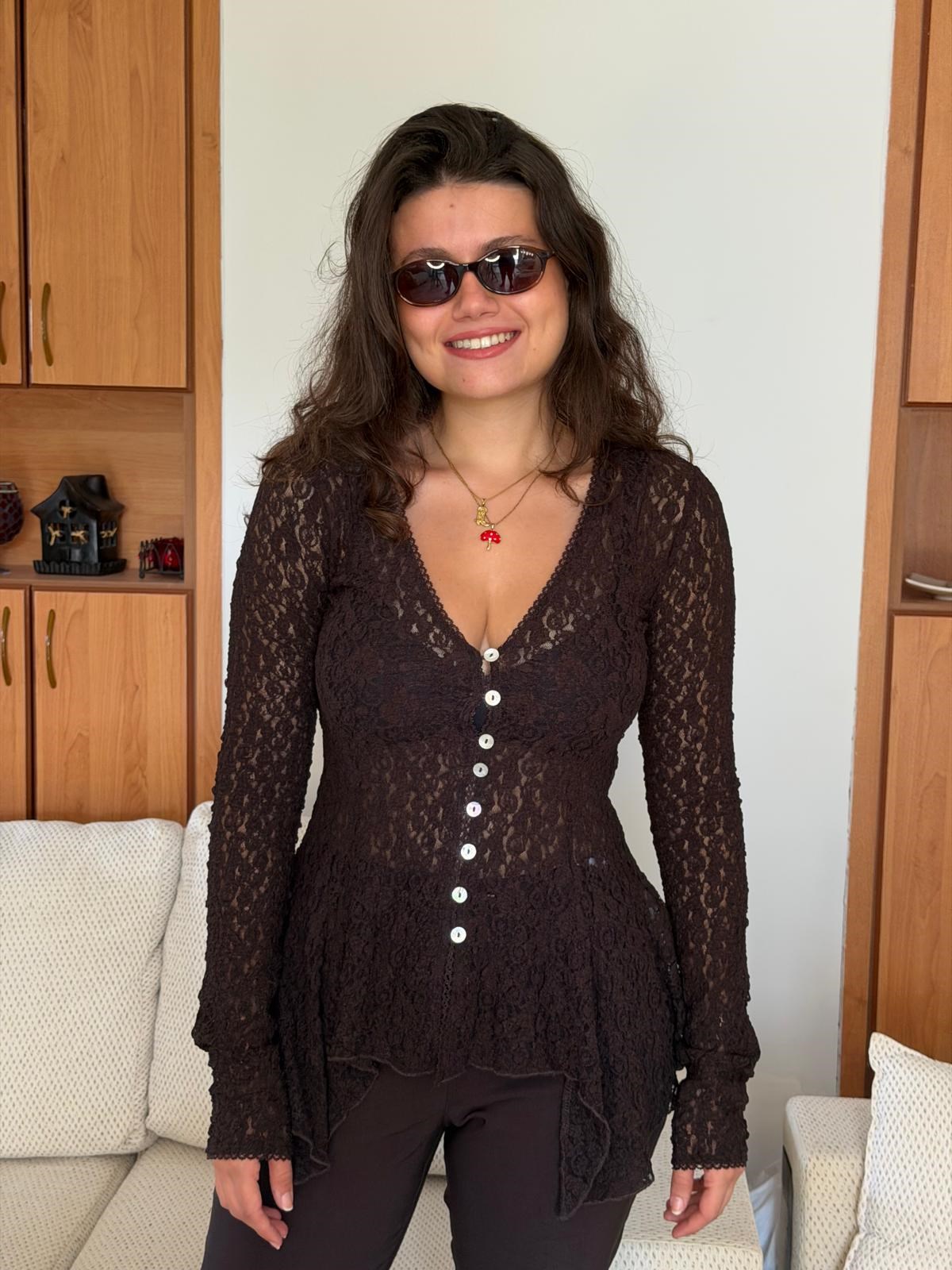 Düğmeli Peplum Dantel Hırka 60433 Koyu Kahve