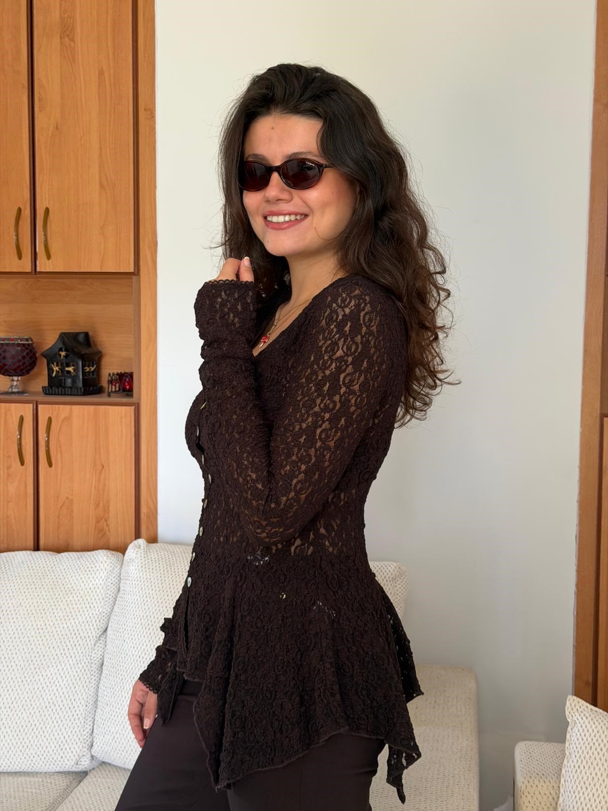 Düğmeli Peplum Dantel Hırka 60433 Koyu Kahve