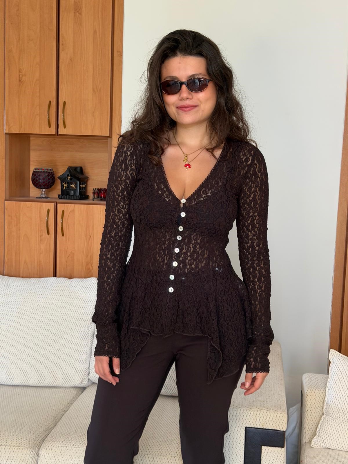 Düğmeli Peplum Dantel Hırka 60433 Koyu Kahve