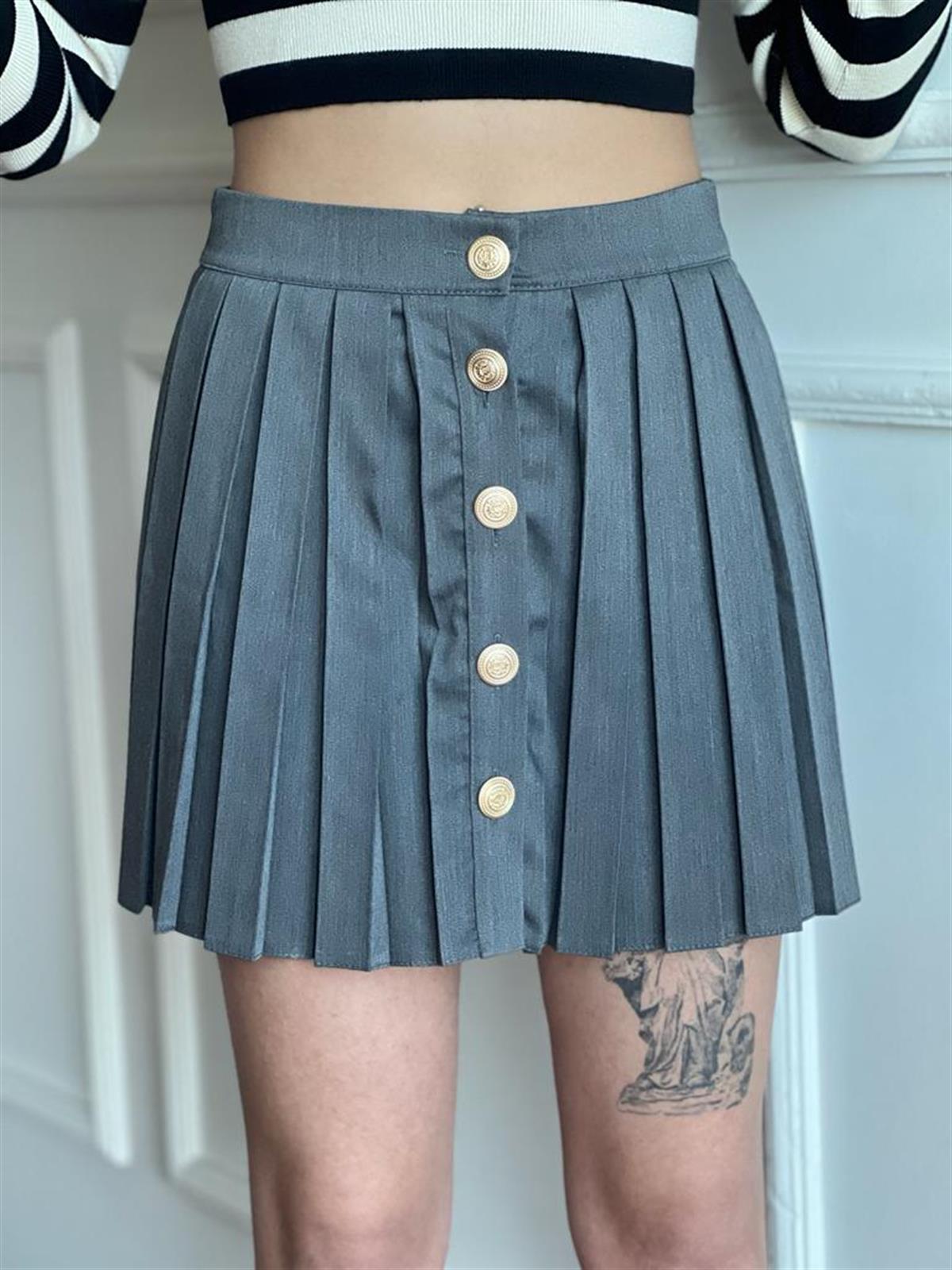 Düğmeli Pileli Etek 380008 Gri